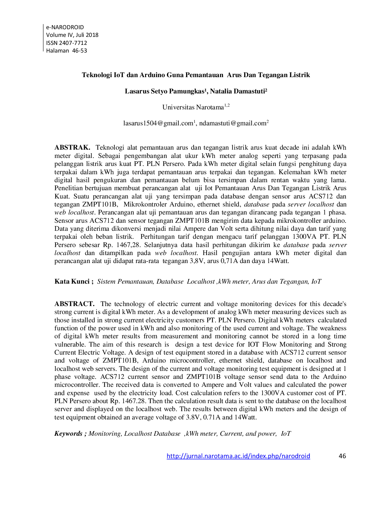 JURIS Teknologi IoT dan Arduino Guna Pemantauan Arus Dan Tegangan Listrik