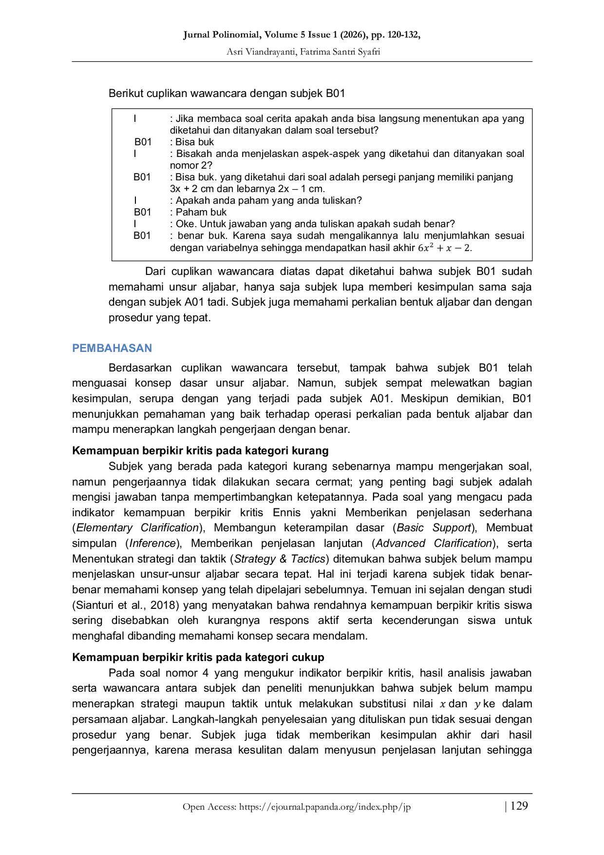 JURIS Analisis Kemampuan Berpikir Kritis Siswa Kelas VII SMPN 20 Kota Bengkulu dalam Menyelesaikan Soal Cerita Materi Aljabar Ditinjau dari Gender