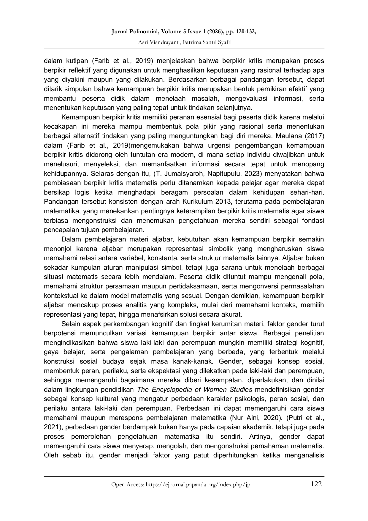JURIS Analisis Kemampuan Berpikir Kritis Siswa Kelas VII SMPN 20 Kota Bengkulu dalam Menyelesaikan Soal Cerita Materi Aljabar Ditinjau dari Gender
