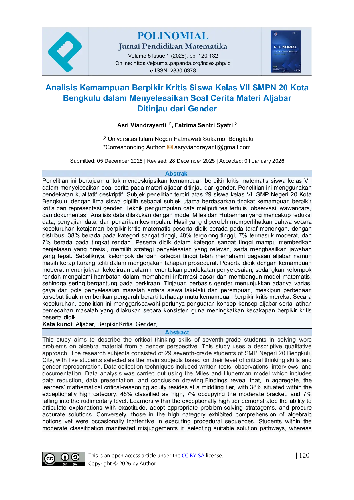 JURIS Analisis Kemampuan Berpikir Kritis Siswa Kelas VII SMPN 20 Kota Bengkulu dalam Menyelesaikan Soal Cerita Materi Aljabar Ditinjau dari Gender