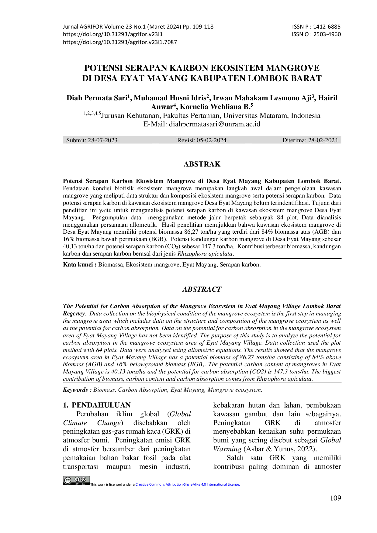 JURIS Potensi Serapan Karbon Ekosistem Mangrove Di Desa Eyat Mayang Kabupaten Lombok Barat