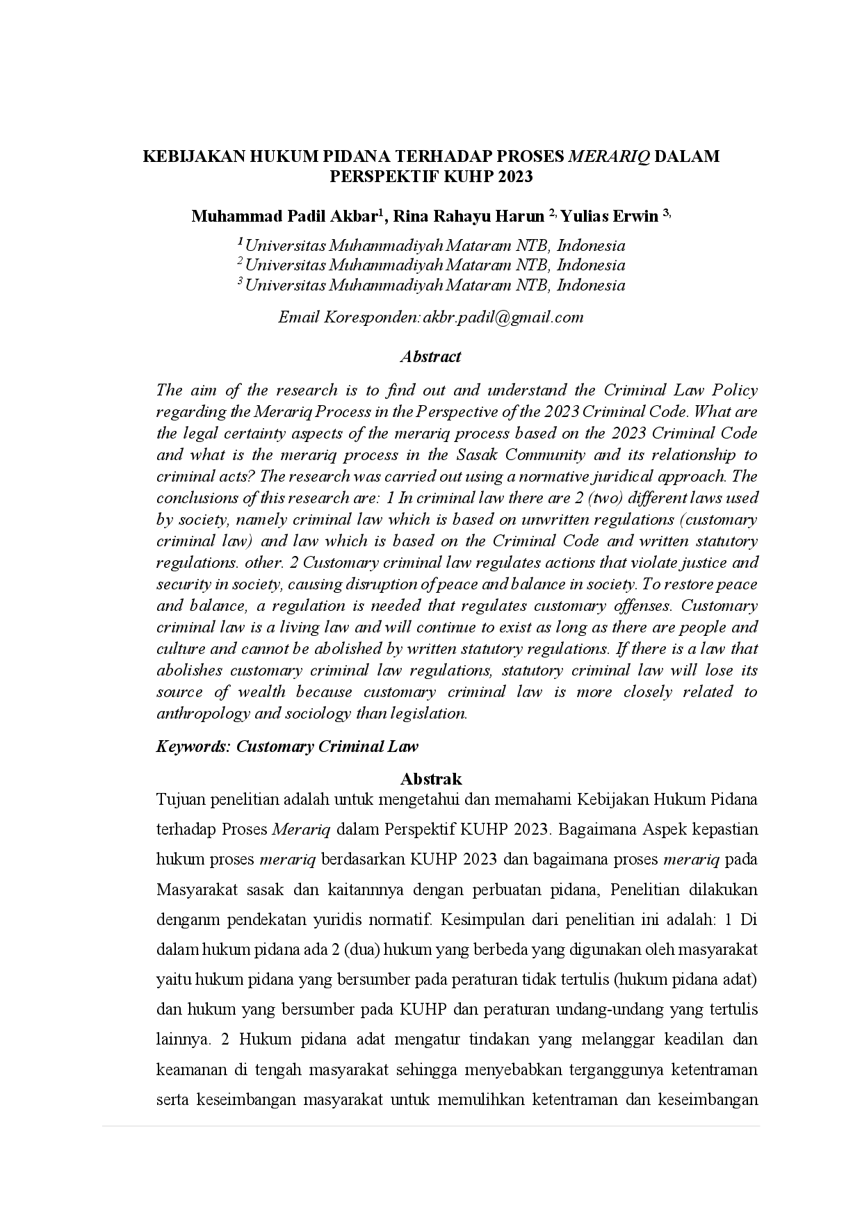 juris Kebijakan Hukum Pidana Terhadap Proses Merariq Dalam Perspektif Kuhp 2023