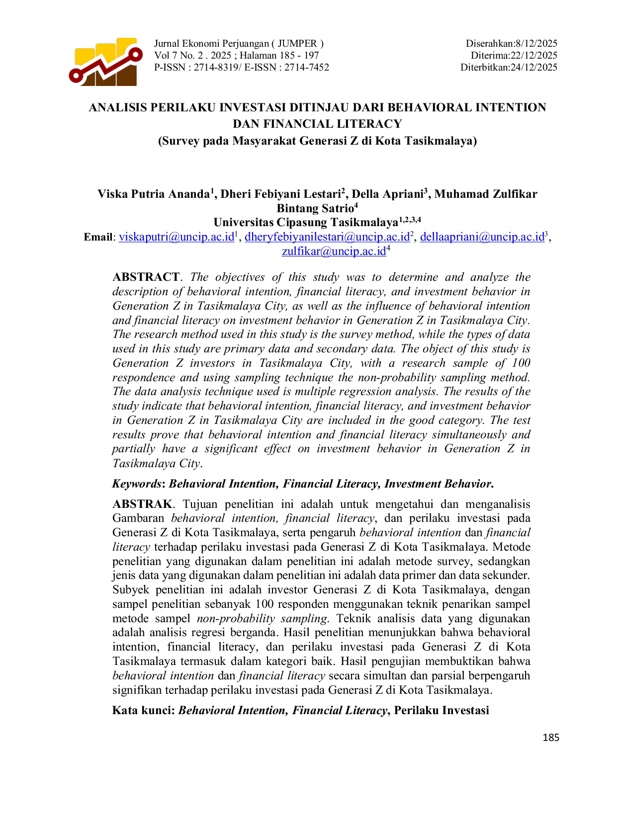 JURIS Analisis Perilaku Investasi Ditinjau Dari Behavioral Intention Dan Financial Literacy