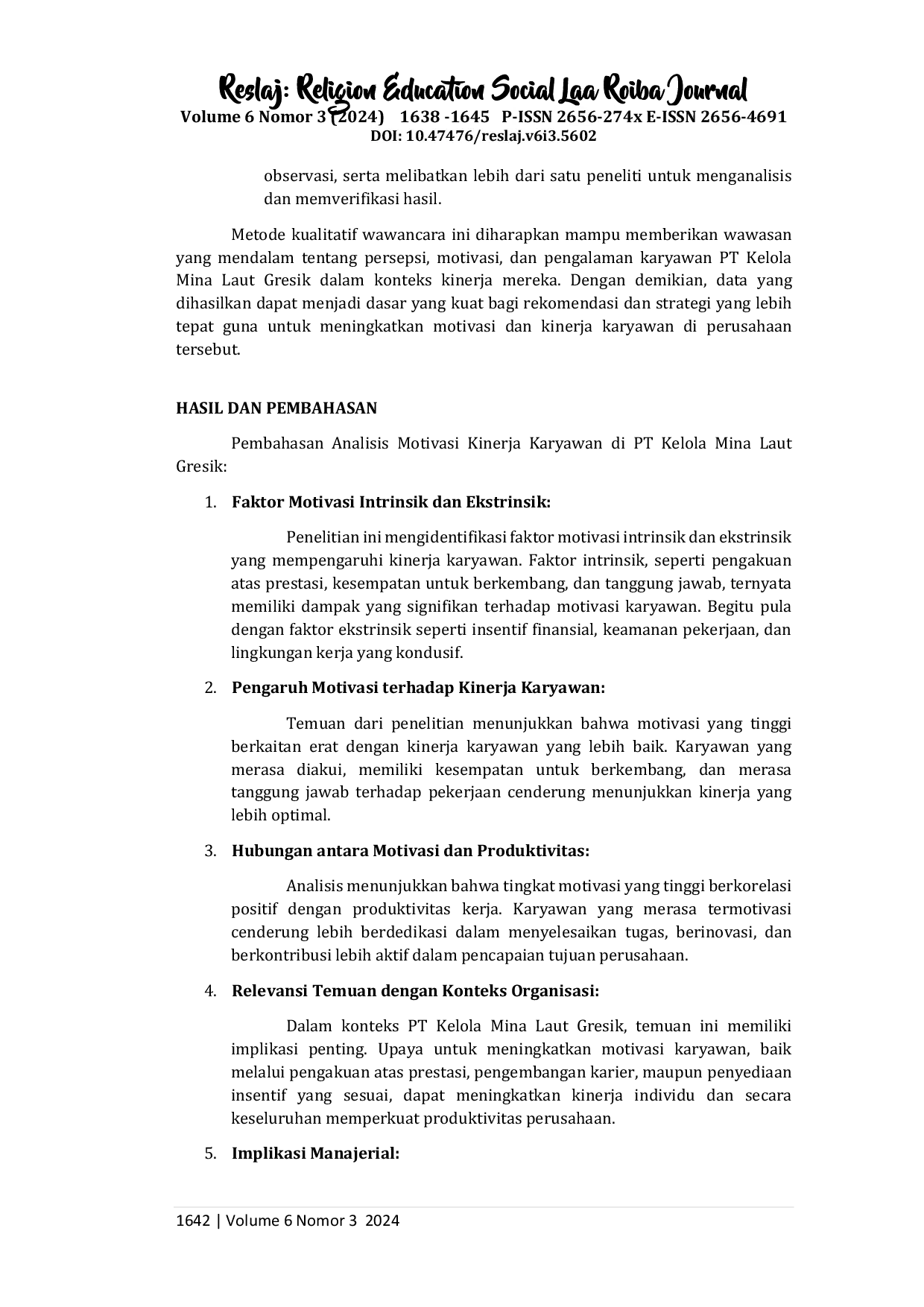 JURIS Analisis Motivasi Kinerja Karyawan PT Kelola Mina Laut Gresik