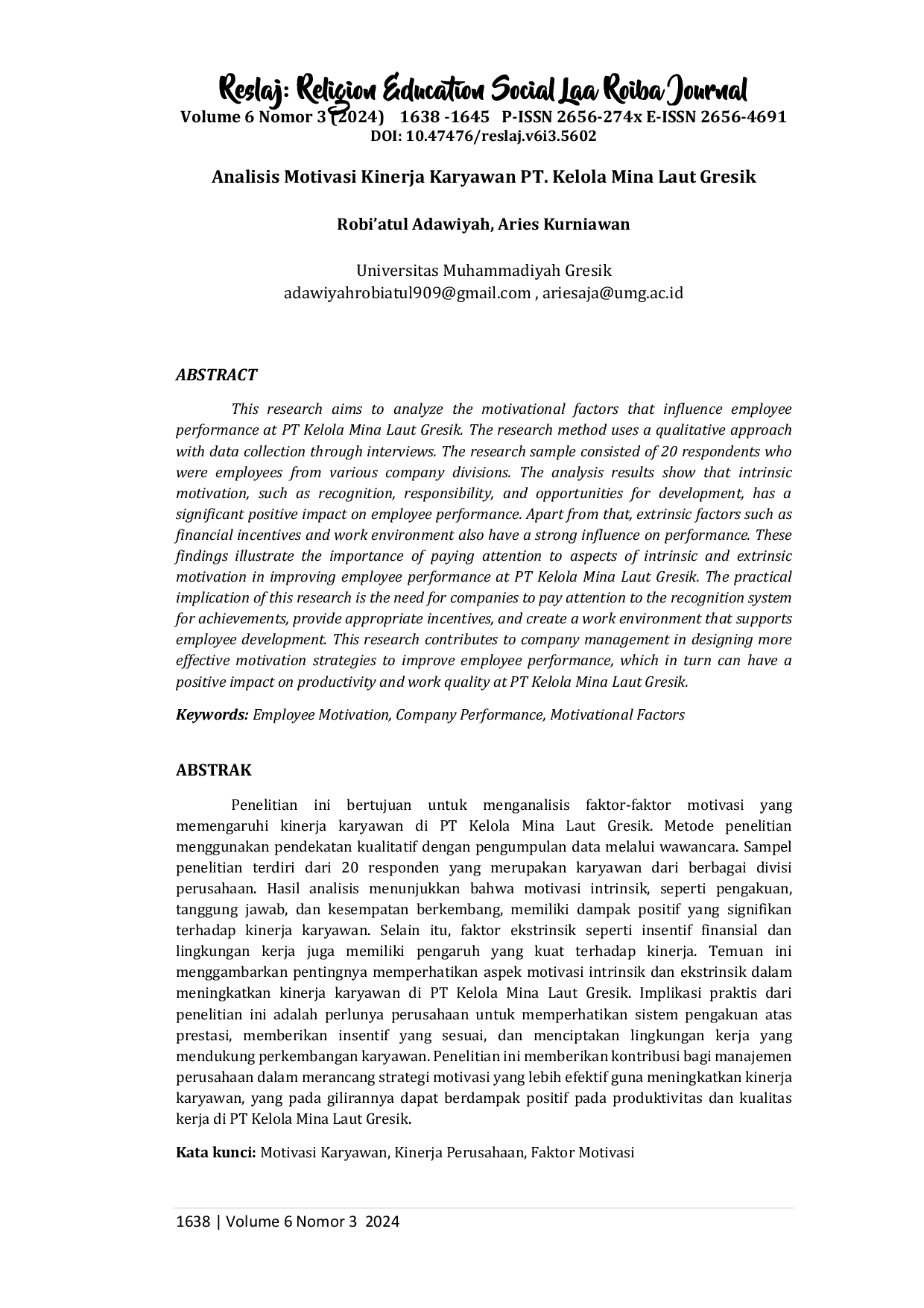 JURIS Analisis Motivasi Kinerja Karyawan PT Kelola Mina Laut Gresik