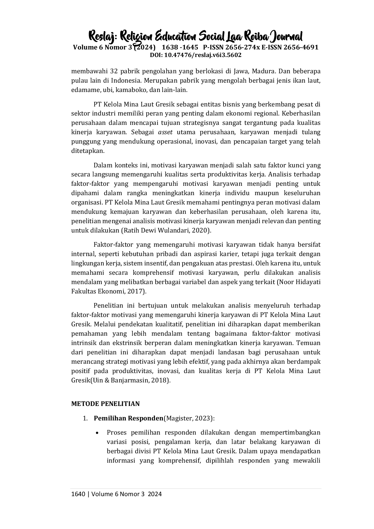 JURIS Analisis Motivasi Kinerja Karyawan PT Kelola Mina Laut Gresik