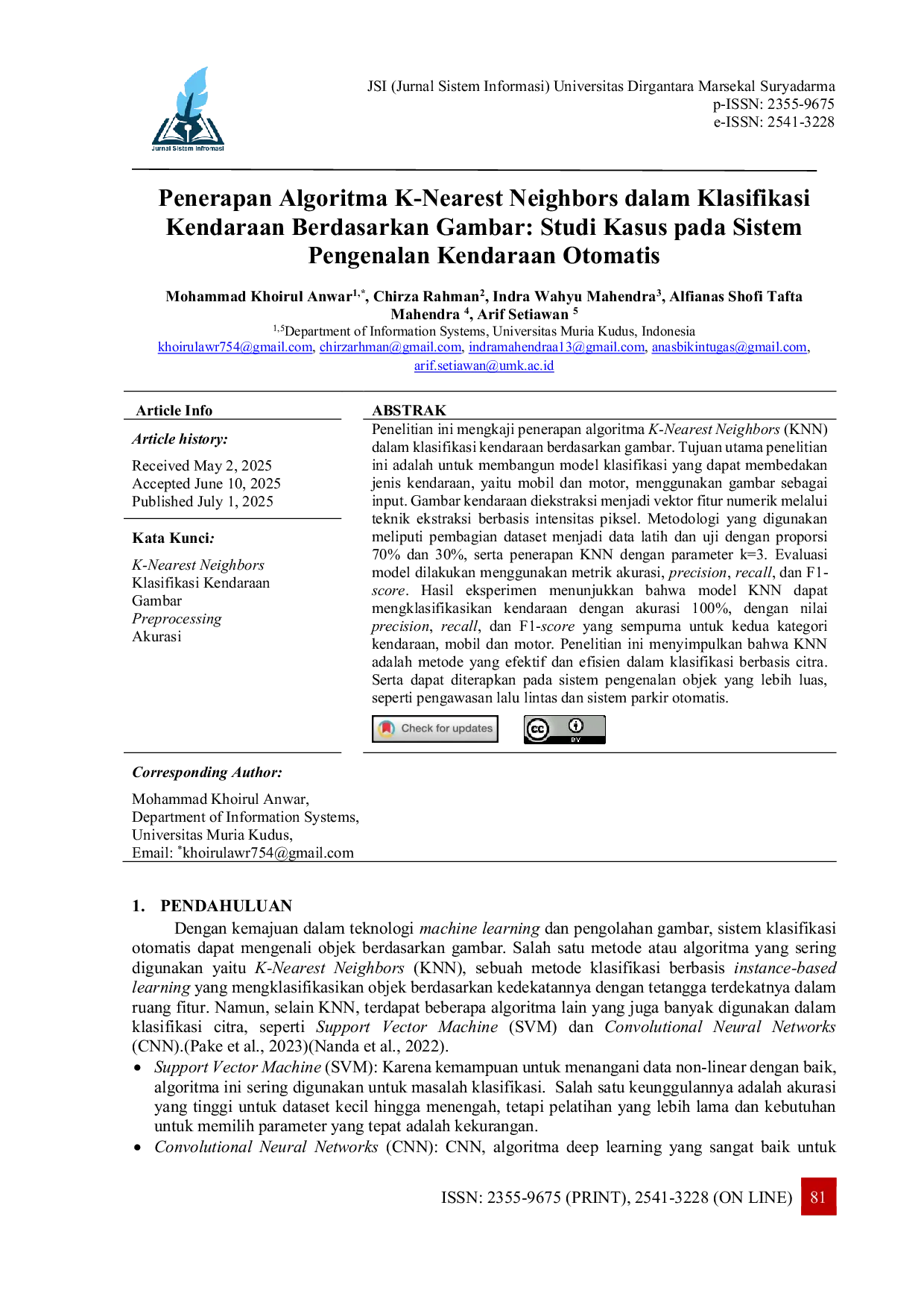 JURIS Penerapan Algoritma K Nearest Neighbors dalam Klasifikasi Kendaraan Berdasarkan Gambar Studi Kasus pada Sistem Pengenalan Kendaraan Otomatis