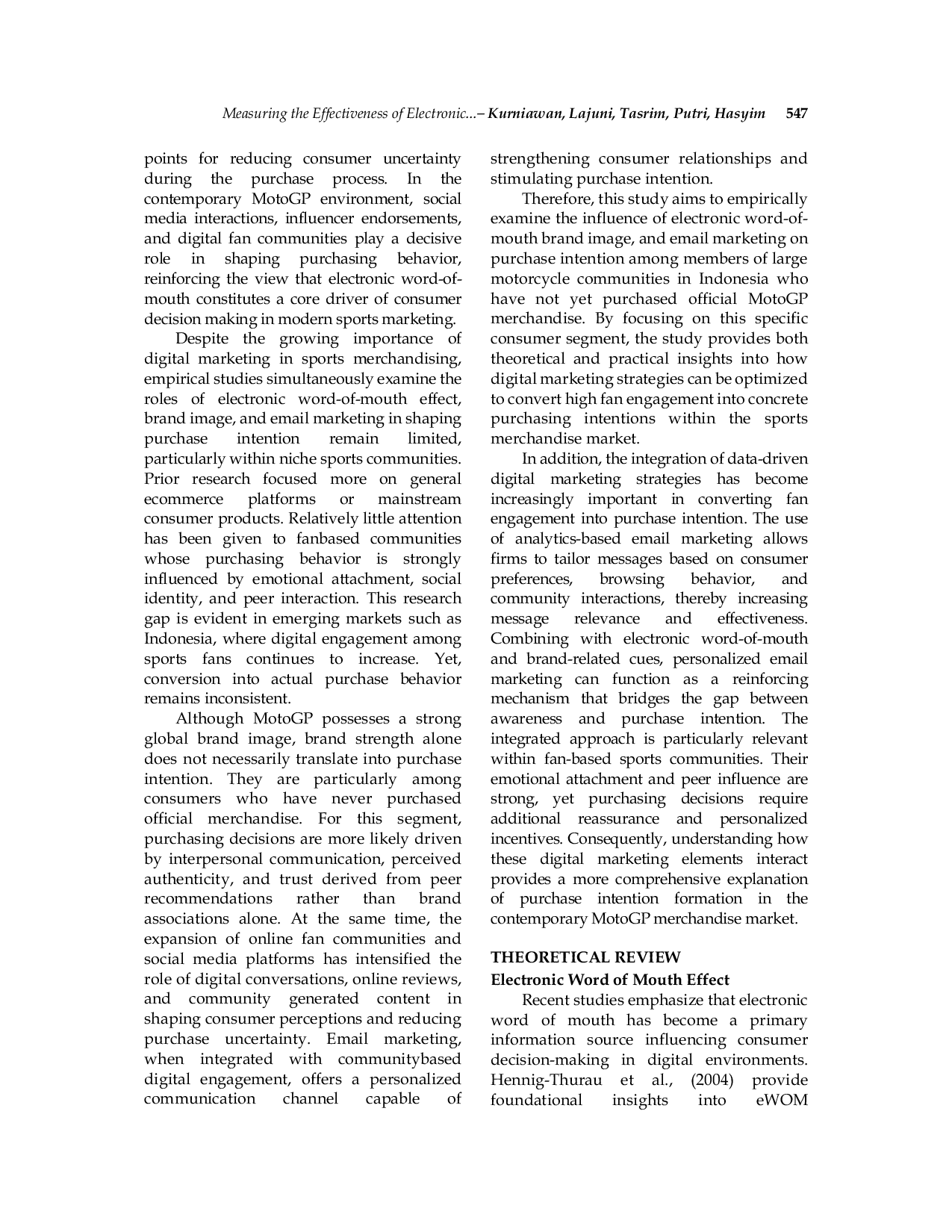 JURIS Measuring the Effectiveness of Electronic Word of Mouth and Brand Image in Shaping Purchase Intention