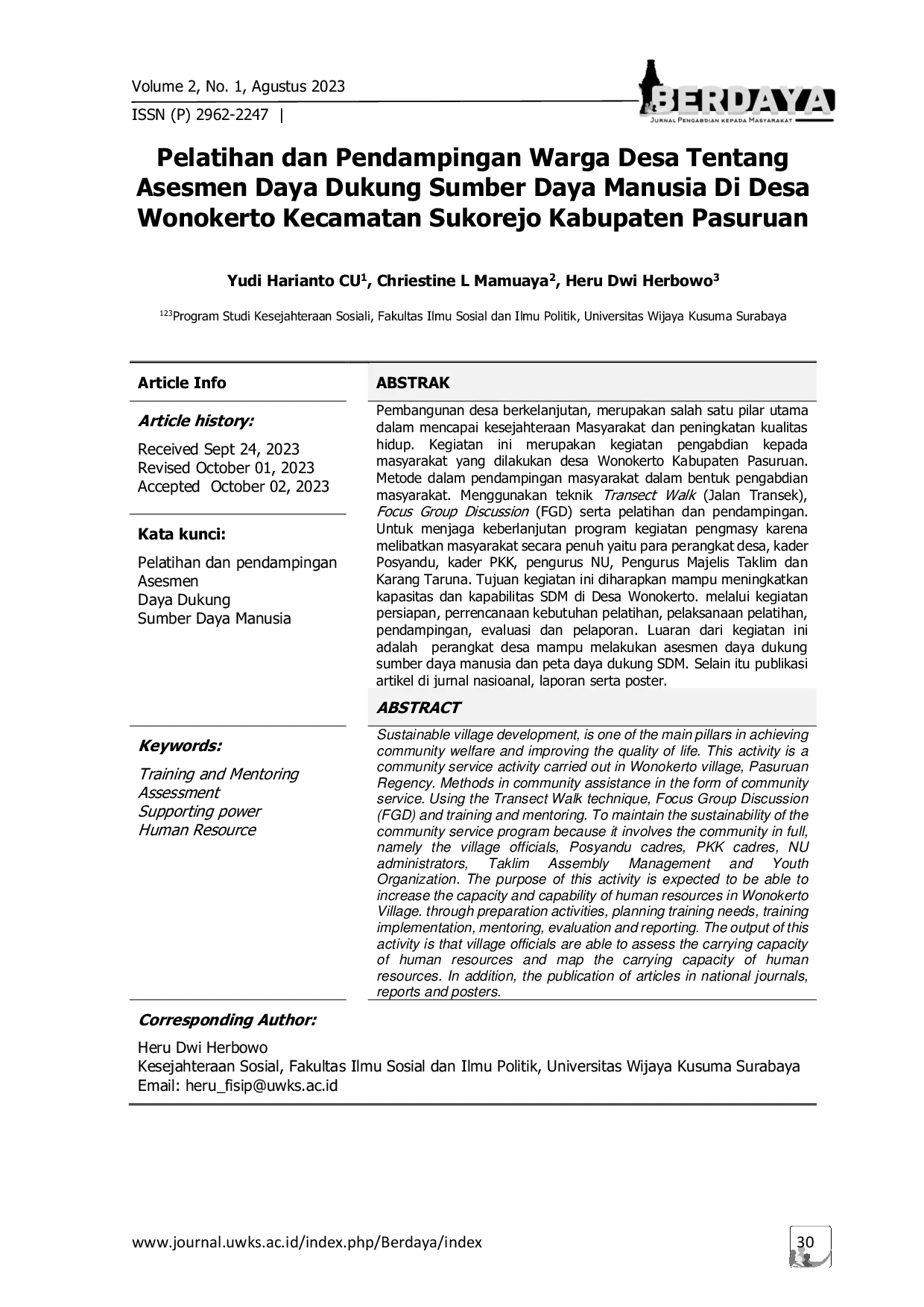 JURIS Pelatihan dan Pendampingan Warga Desa Tentang Asesmen Daya Dukung Sumber Daya Manusia Di Desa Wonokerto Kecamatan Sukorejo Kabupaten Pasuruan