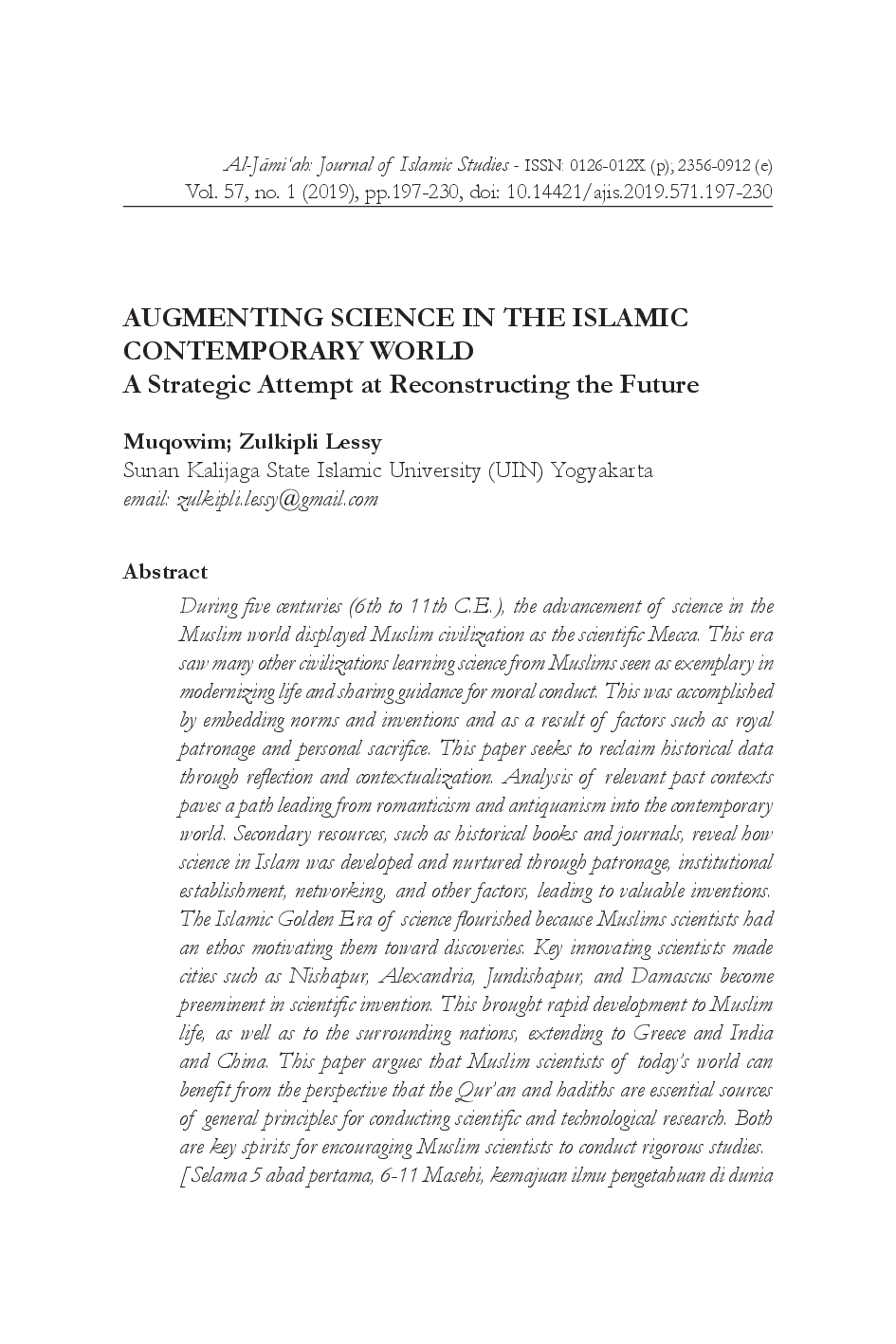 juris Augmenting Science in the Islamic Contemporary World A Strategic Attempt at Reconstructing the Future