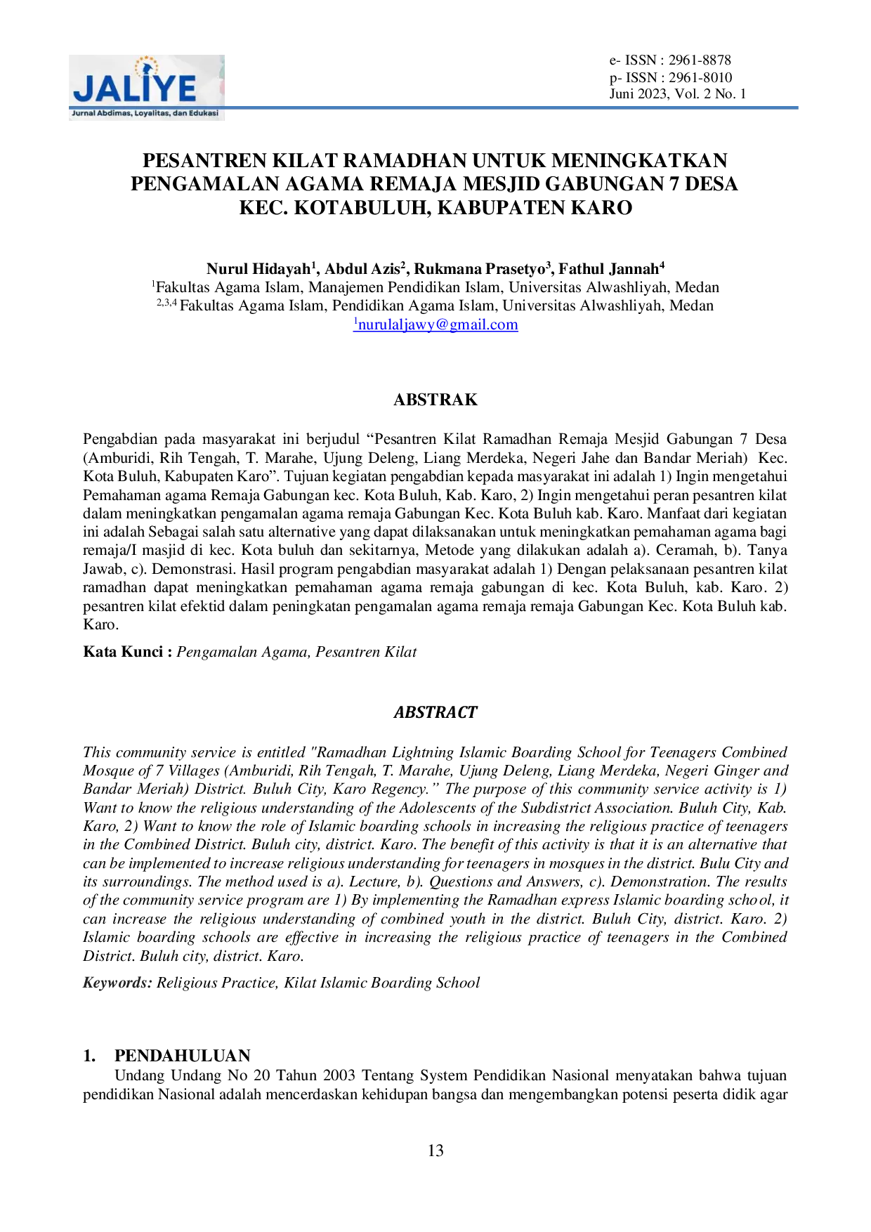 JURIS Pesantren Kilat Ramadhan Untuk Meningkatkan Pengamalan Agama Remaja Mesjid Gabungan 7 Desa Kec Kotabuluh Kabupaten Karo