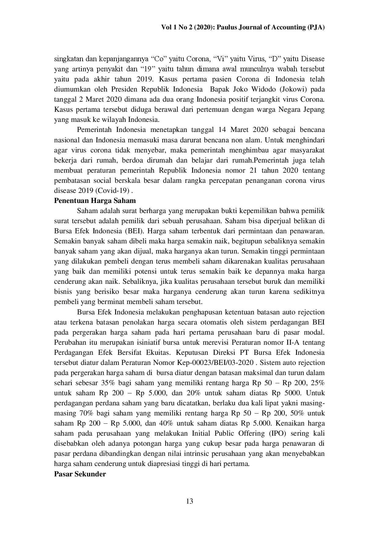 juris Pengaruh Pandemi Covid 19 Terhadap Harga Pasar Sekunder Perusahaan IPO Di Bursa Efek Indonesia