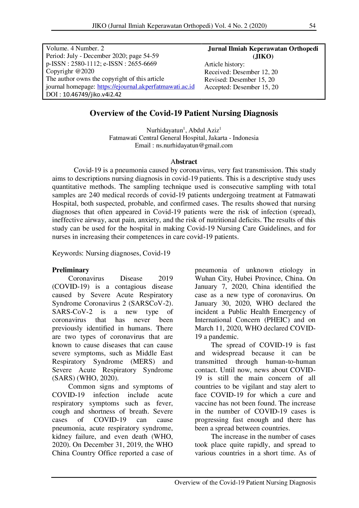 JURIS Overview of the Covid 19 Patient Nursing Diagnosis