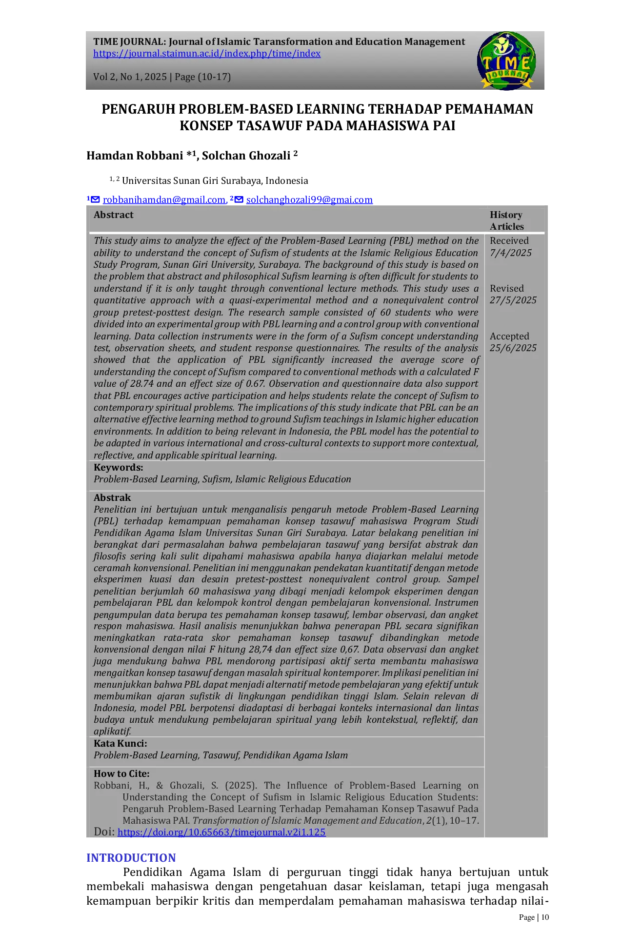 JURIS PENGARUH METODE PEMBELAJARAN BERBASIS MASALAH PBL TERHADAP KEMAMPUAN PEMAHAMAN KONSEP TASAWUF MAHASISWA PAI UNIVERSITAS SUNAN GIRI SURABAYA Pengaruh Problem Based Learning Terhadap Pemahaman Konsep