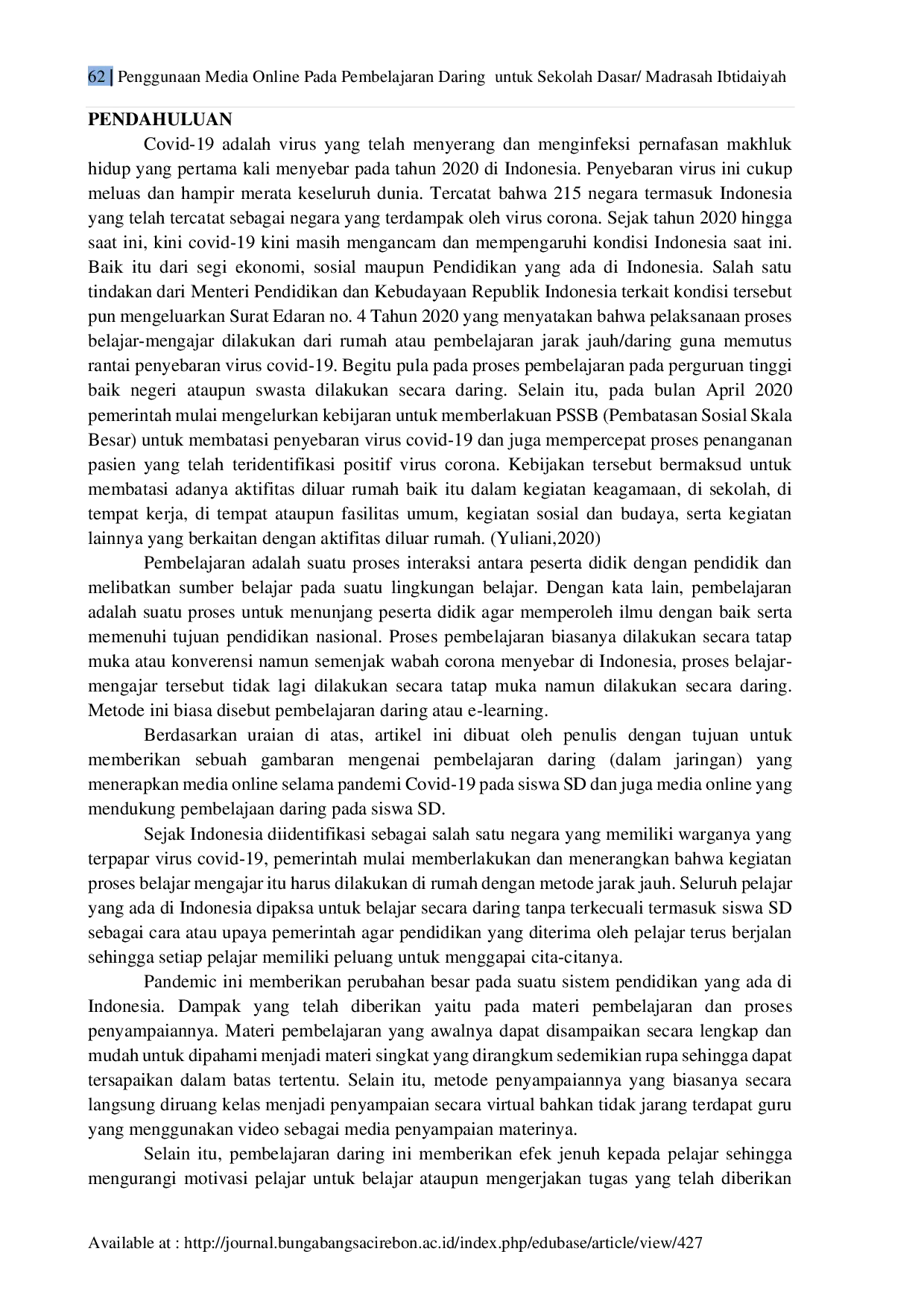 JURIS Penggunaan Media Online Pada Pembelajaran Daring untuk Sekolah Dasar Madrasah Ibtidaiyah