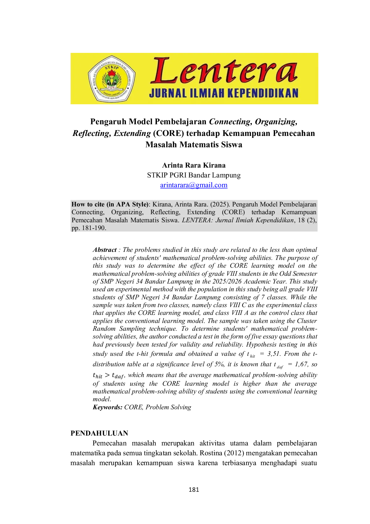 JURIS Pengaruh Model Pembelajaran Connecting Organizing Reflecting Extending CORE terhadap Kemampuan Pemecahan Masalah Matematis Siswa
