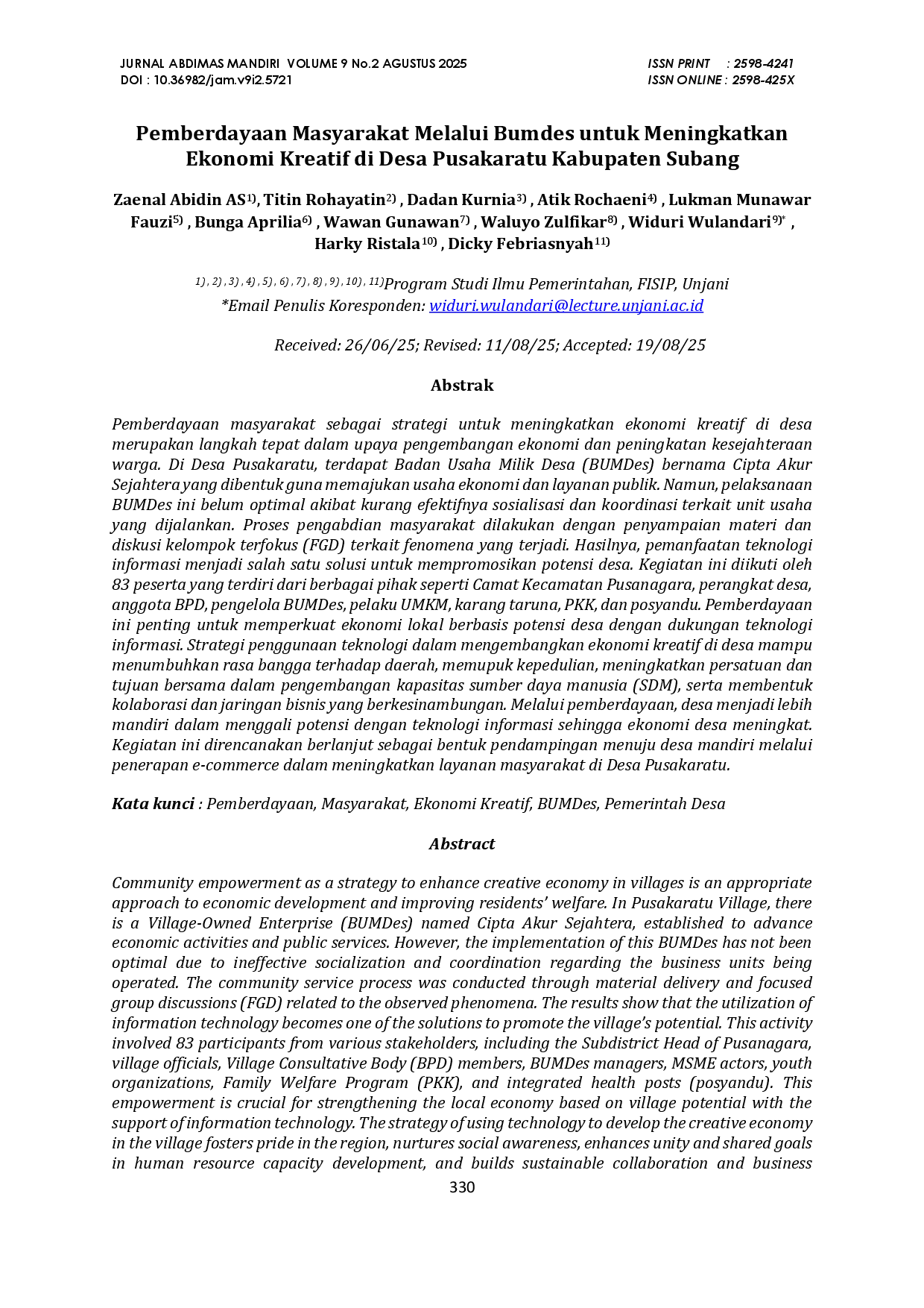 juris Pemberdayaan Masyarakat Melalui Bumdes Untuk Meningkatkan Ekonomi Kreatif Di Desa Pusakaratu Kabupaten Subang