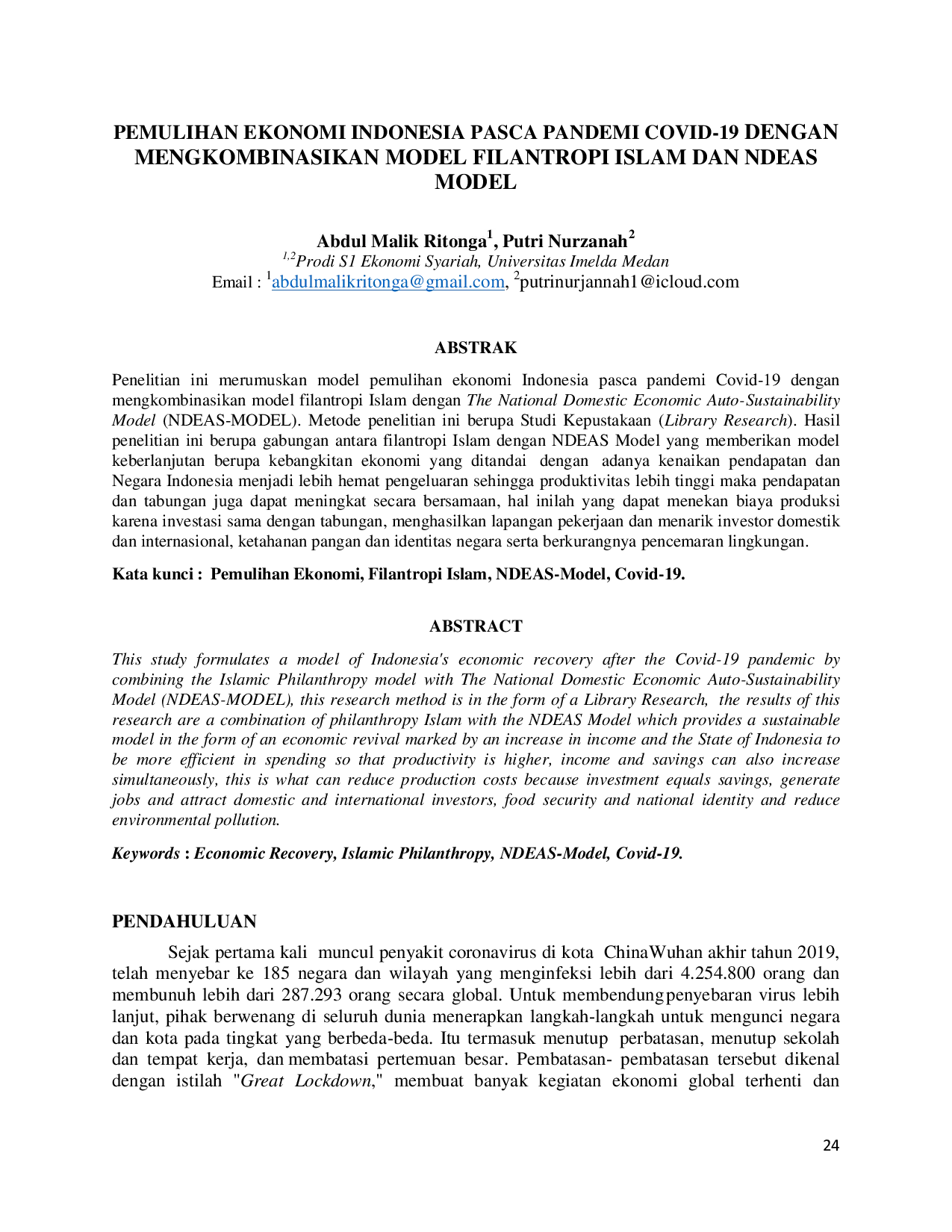 juris Pemulihan Ekonomi Indonesia Pasca Pandemi Covid 19 Dengan Mengkombinasikan Model Filantropi Islam Dan Ndeas Model