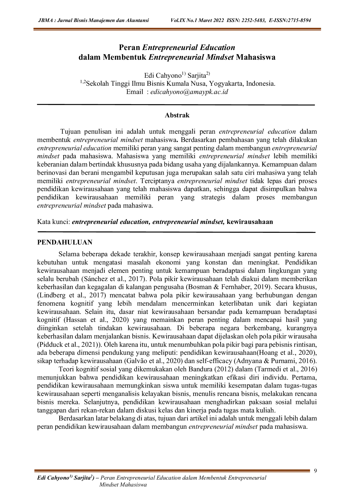 JURIS Peran Entrepreneurial Education dalam Membentuk Entrepreneurial Mindset Mahasiswa