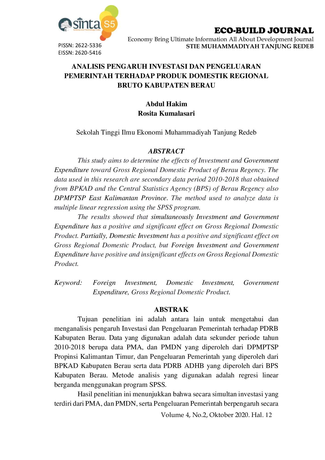 JURIS Analisis Pengaruh Investasi Dan Pengeluaran Pemerintah Terhadap Produk Domestik Regional Bruto Kabupaten Berau
