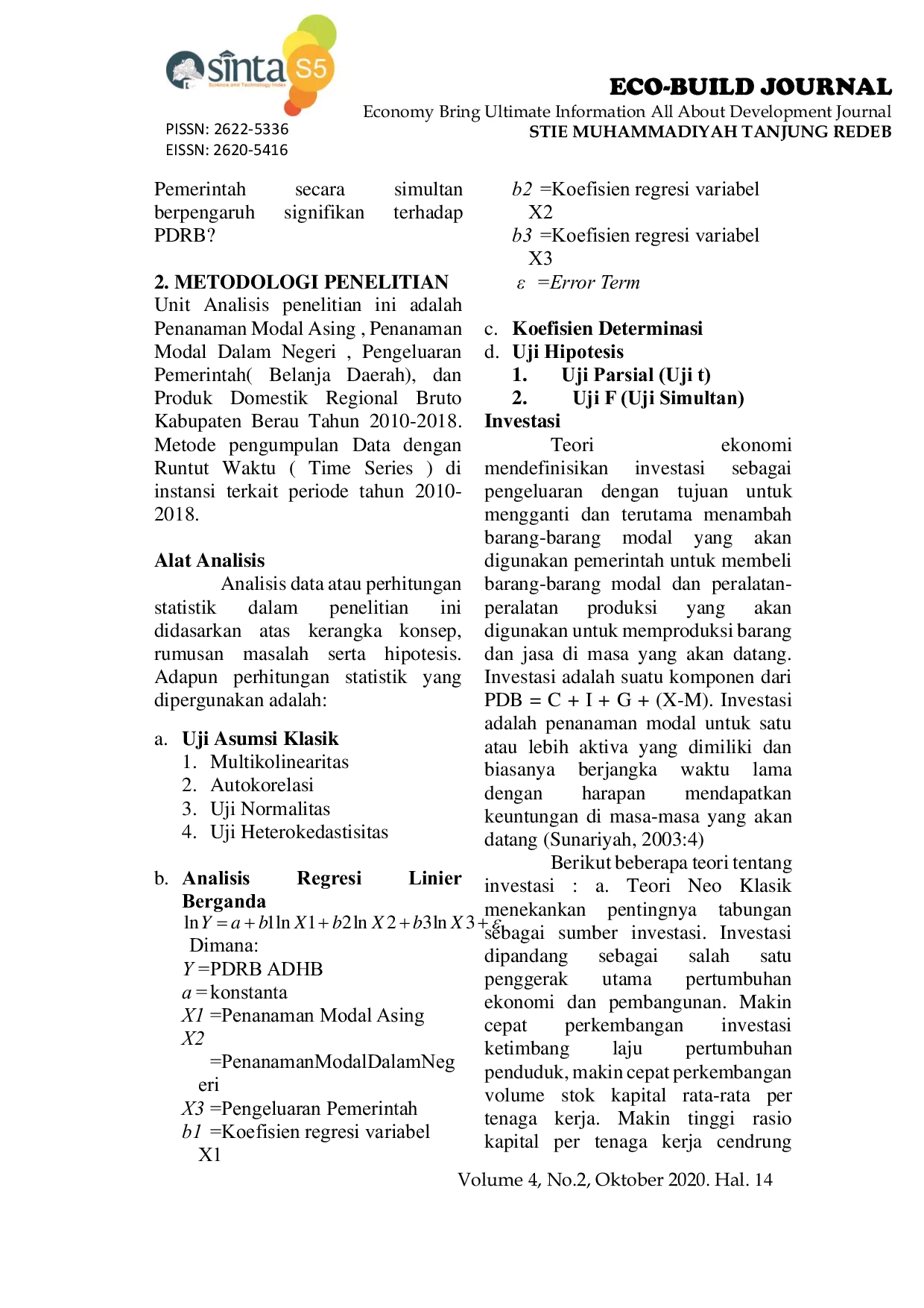 JURIS Analisis Pengaruh Investasi Dan Pengeluaran Pemerintah Terhadap Produk Domestik Regional Bruto Kabupaten Berau