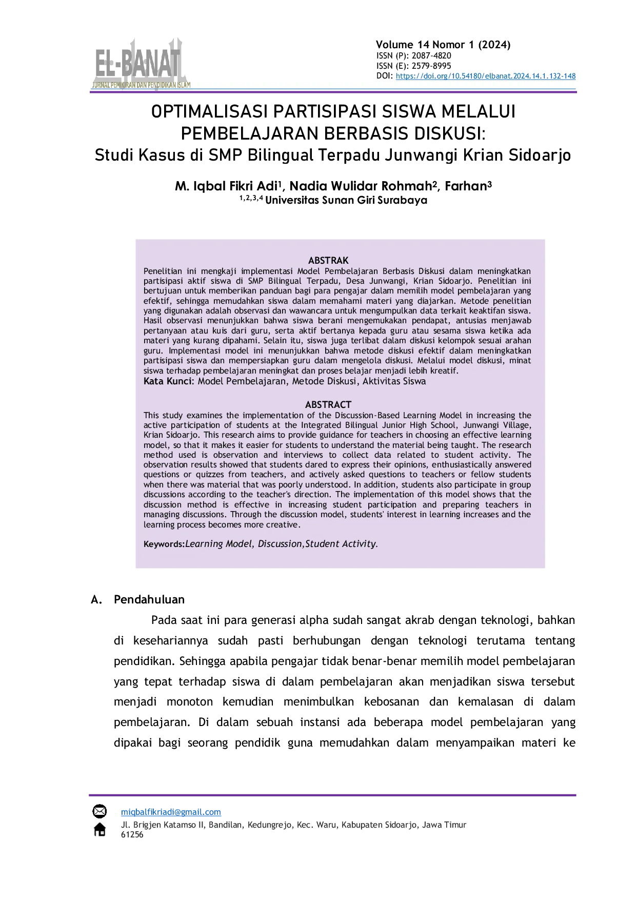 JURIS Optimalisasi Partisipasi Siswa melalui Pembelajaran Berbasis Diskusi Studi Kasus di Sekolah Menengah Pertama Bilingual Terpadu Junwangi Krian Sidoarjo