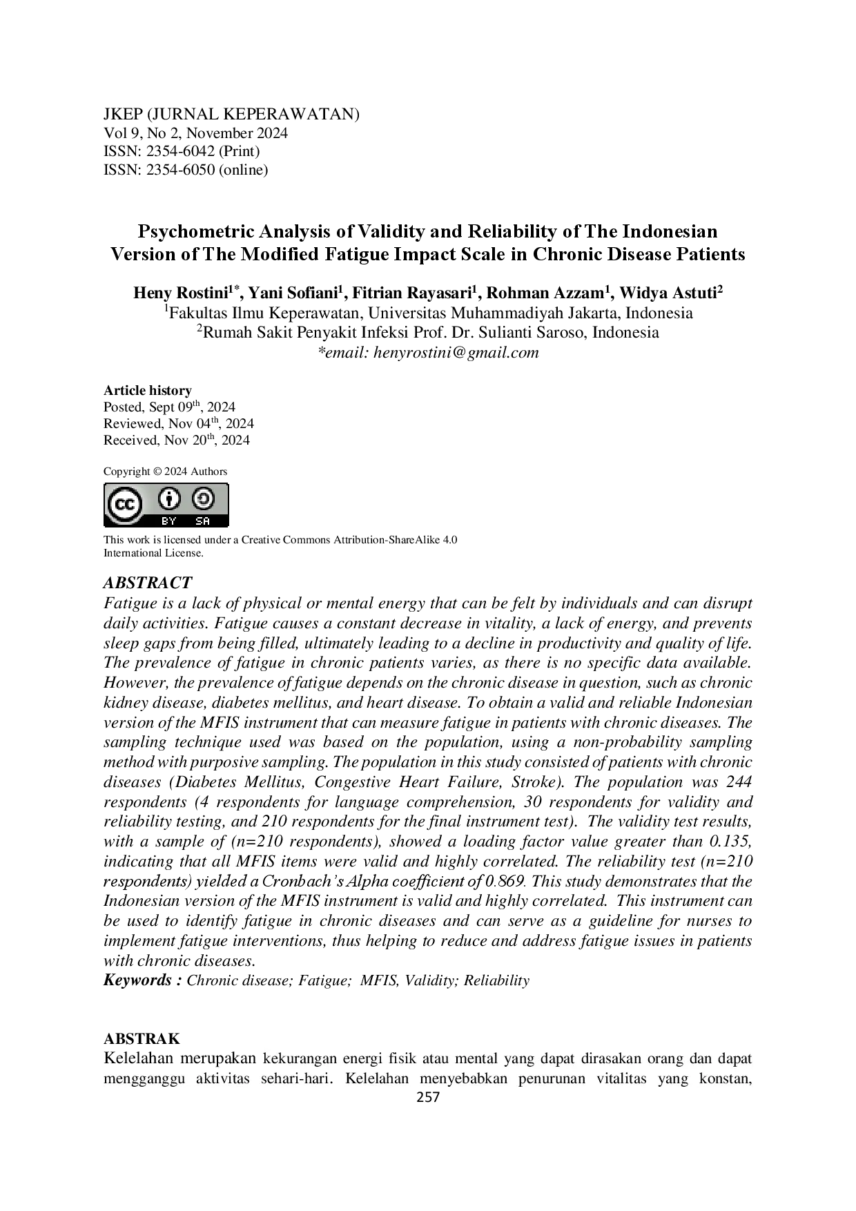 juris Analisis Psikometri Validitas dan Reliabilitas Skala Dampak Kelelahan yang Dimodifikasi MFIS dalam Bahasa Indonesia pada Pasien Penyakit Kronis