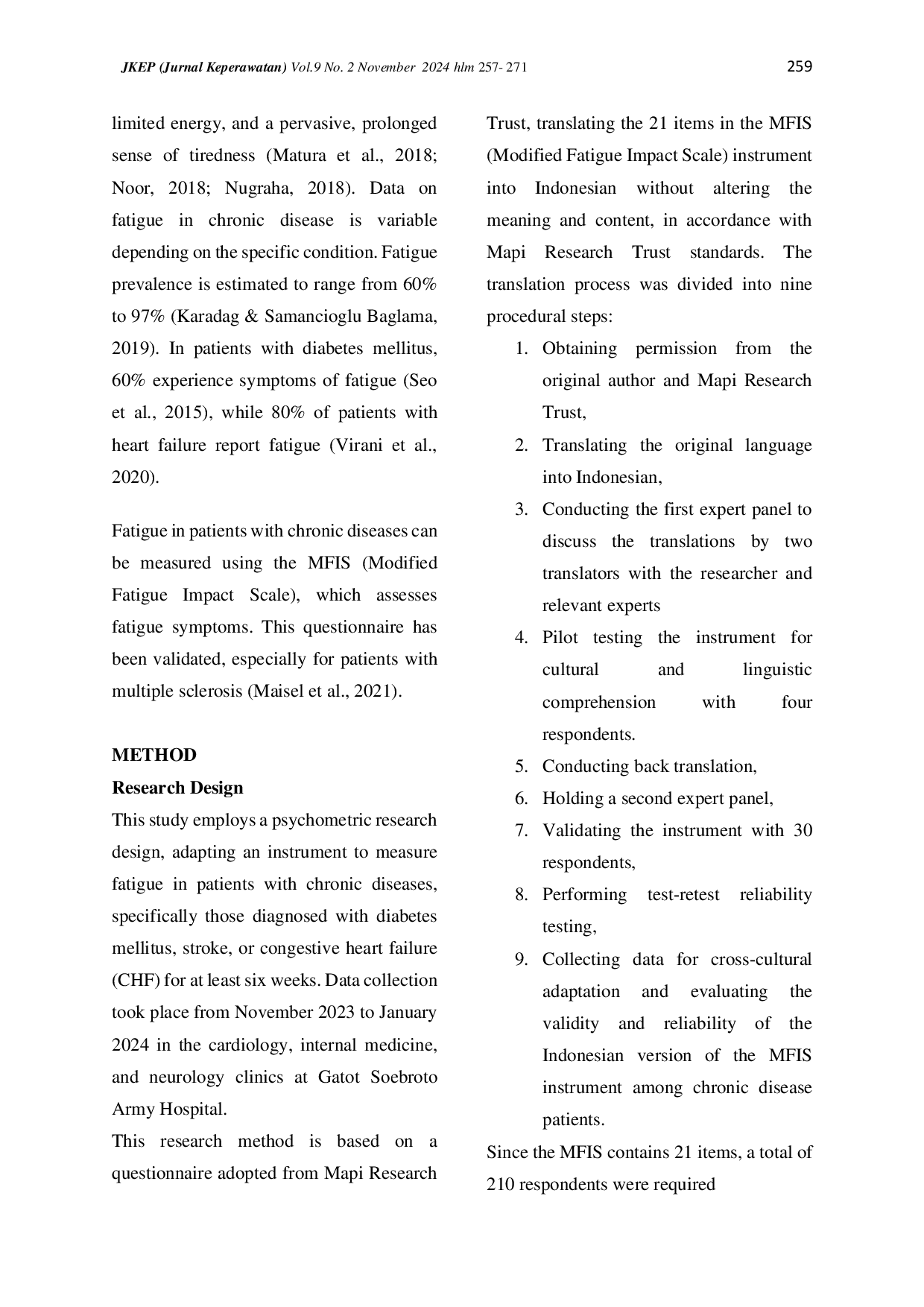 juris Analisis Psikometri Validitas dan Reliabilitas Skala Dampak Kelelahan yang Dimodifikasi MFIS dalam Bahasa Indonesia pada Pasien Penyakit Kronis