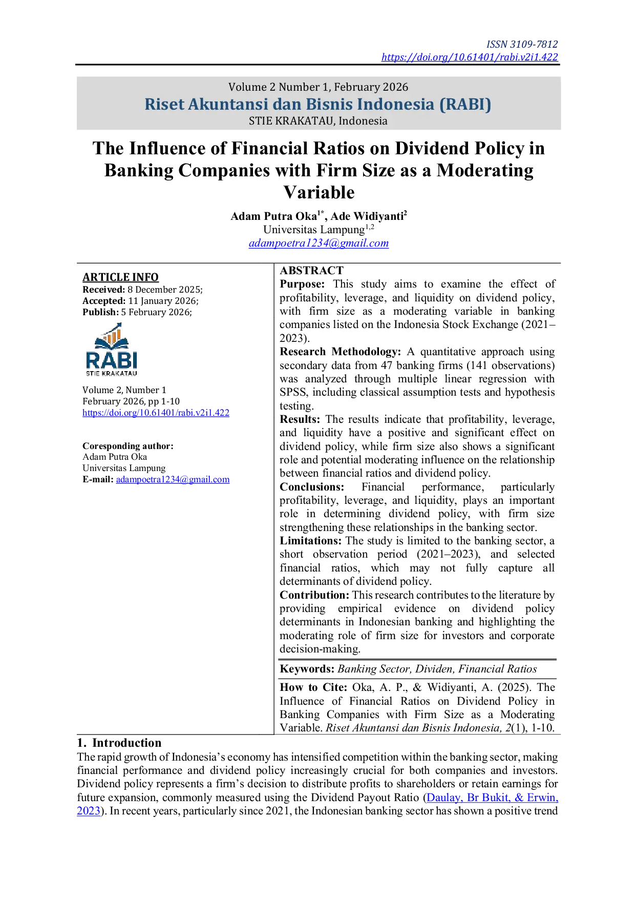 JURIS The Influence of Financial Ratios on Dividend Policy in Banking Companies with Firm Size as a Moderating Variable