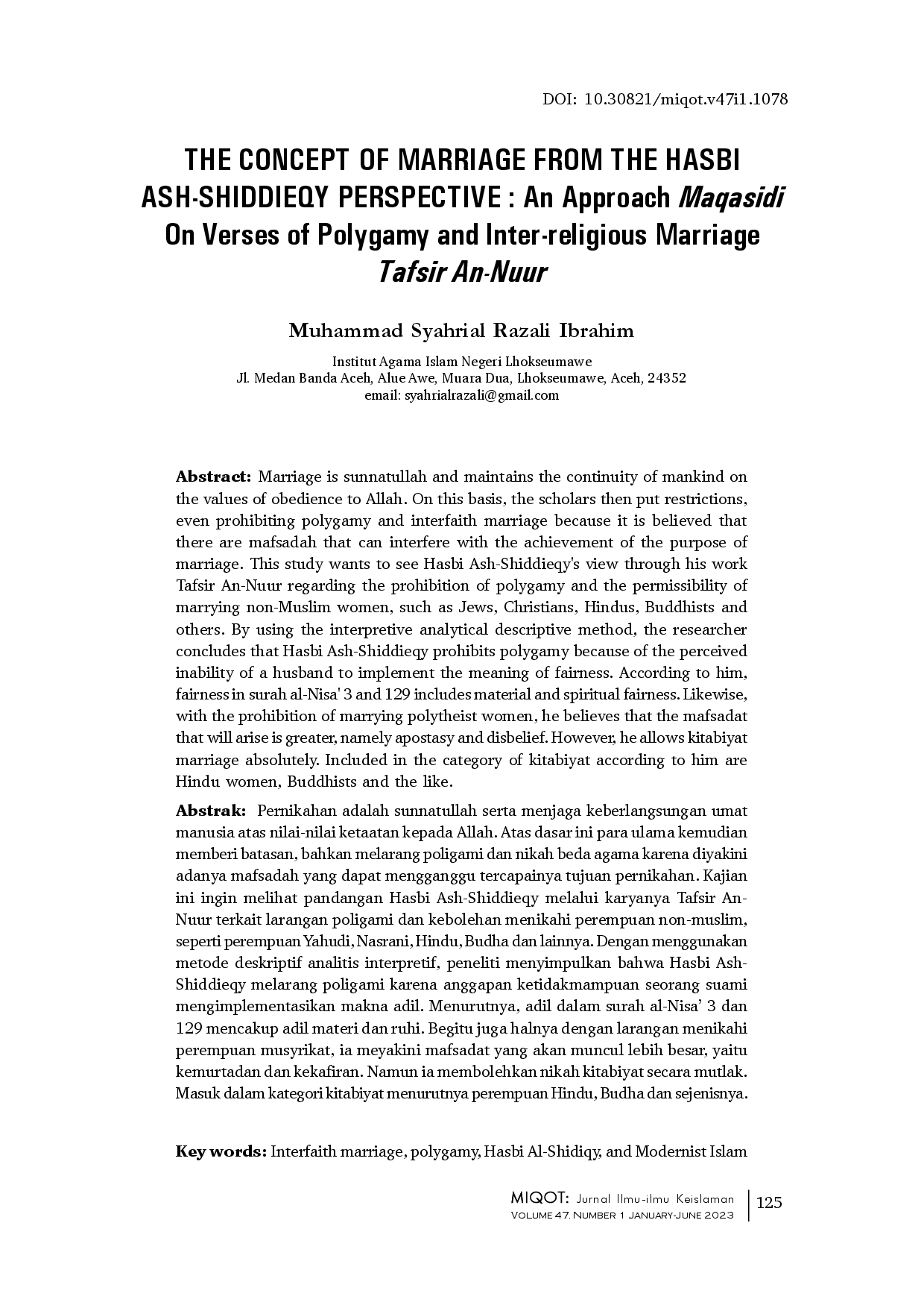 juris THE CONCEPT OF MARRIAGE FROM THE HASBI ASH SHIDDIEQY PERSPECTIVE An Approach Maqasidi On Verses of Polygamy and Inter religious Marriage Tafsir An Nuur