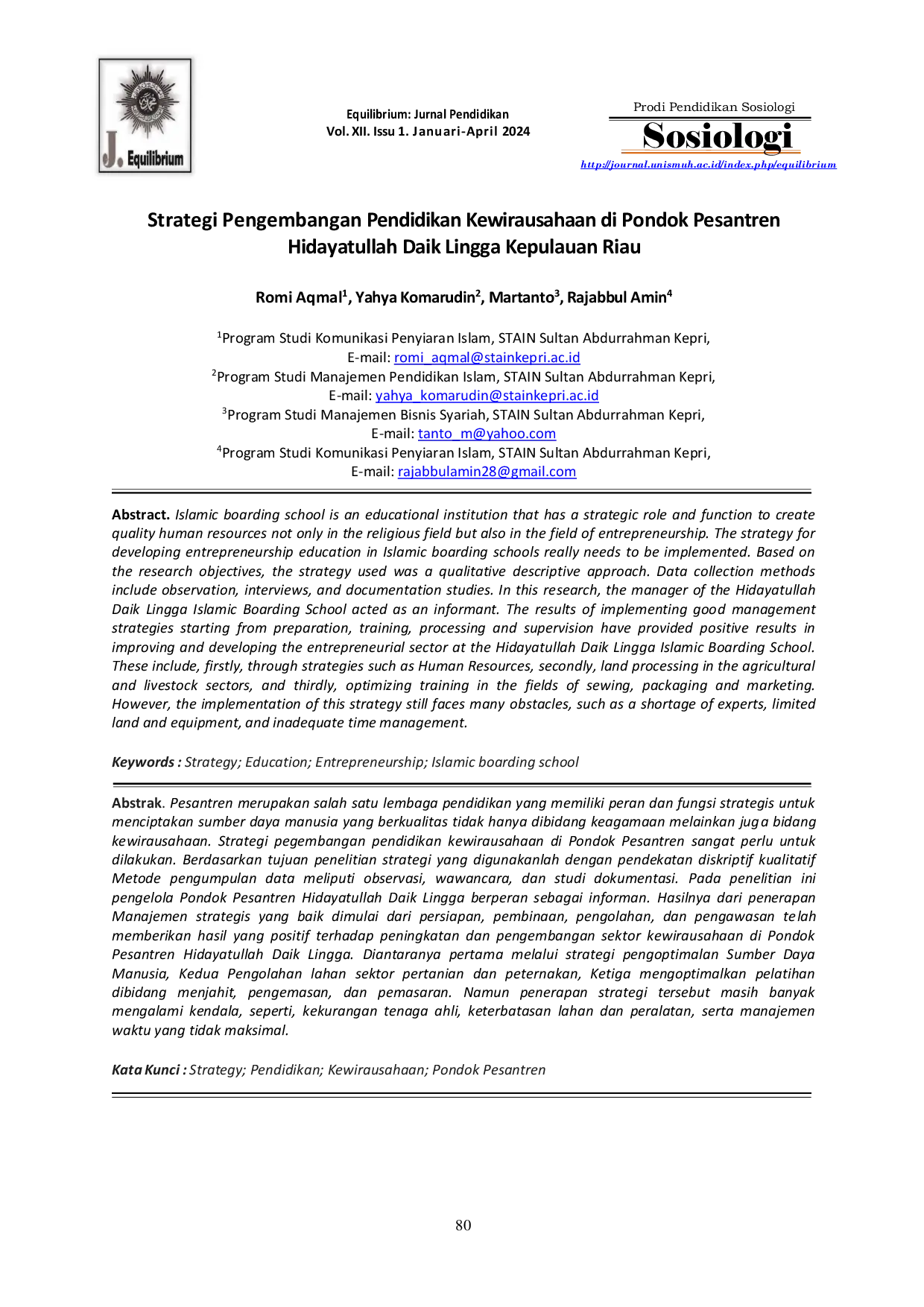 JURIS Strategi Pengembangan Pendidikan Kewirausahaan di Pondok Pesantren Hidayatullah Daik Lingga Kepulauan Riau