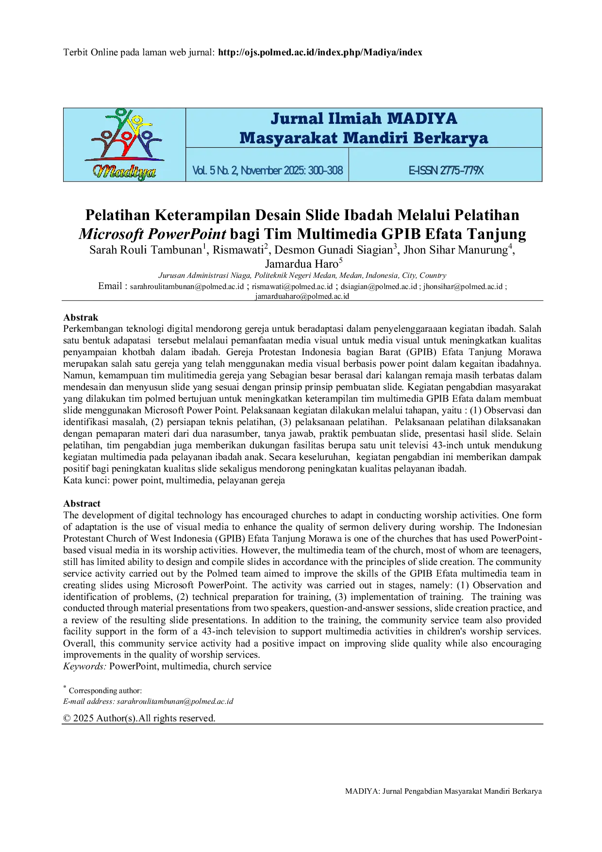 JURIS Pelatihan Keterampilan Desain Slide Ibadah Melalui Pelatihan Microsoft PowerPoint bagi Tim Multimedia GPIB Efata Tanjung