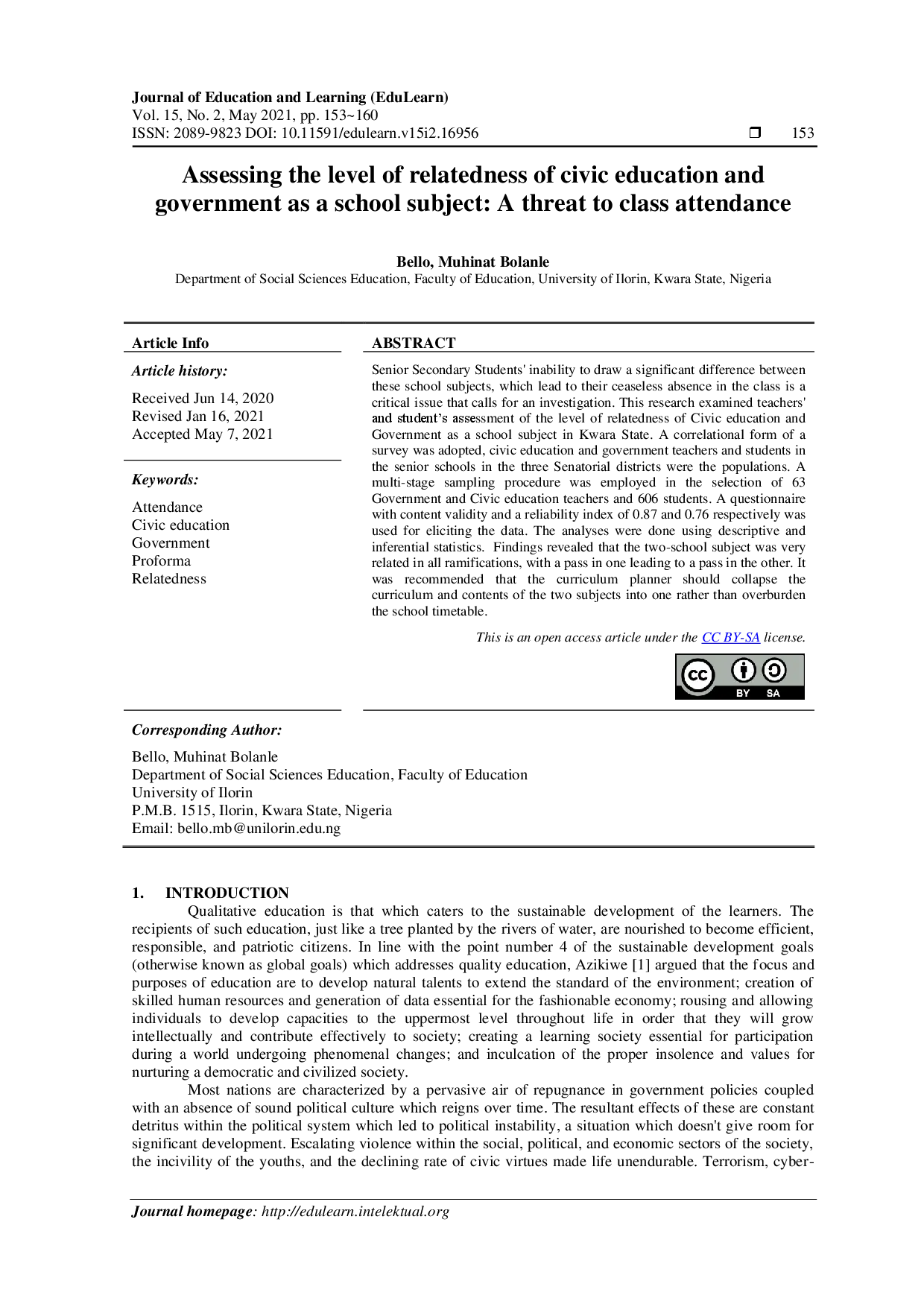 juris Assessing the level of relatedness of civic education and government as a school subject A threat to class attendance