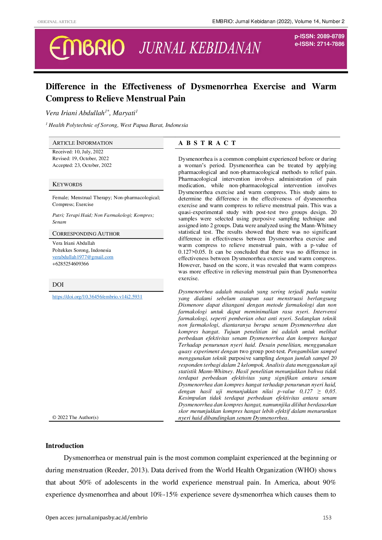 JURIS Difference in the Effectiveness of Dysmenorrhea Exercise and Warm Compress to Relieve Menstrual Pain