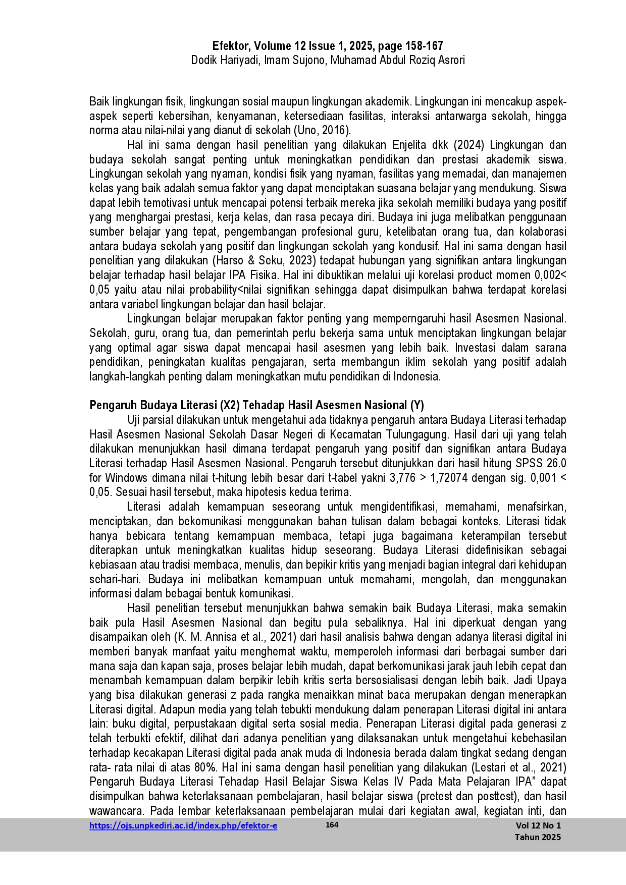 juris Pengaruh Lingkungan Belajar Budaya Literasi dan Sarana Prasarana Tehadap Hasil Asesmen Nasional Sekolah Dasar Negeri di Kecamatan Tulungagung