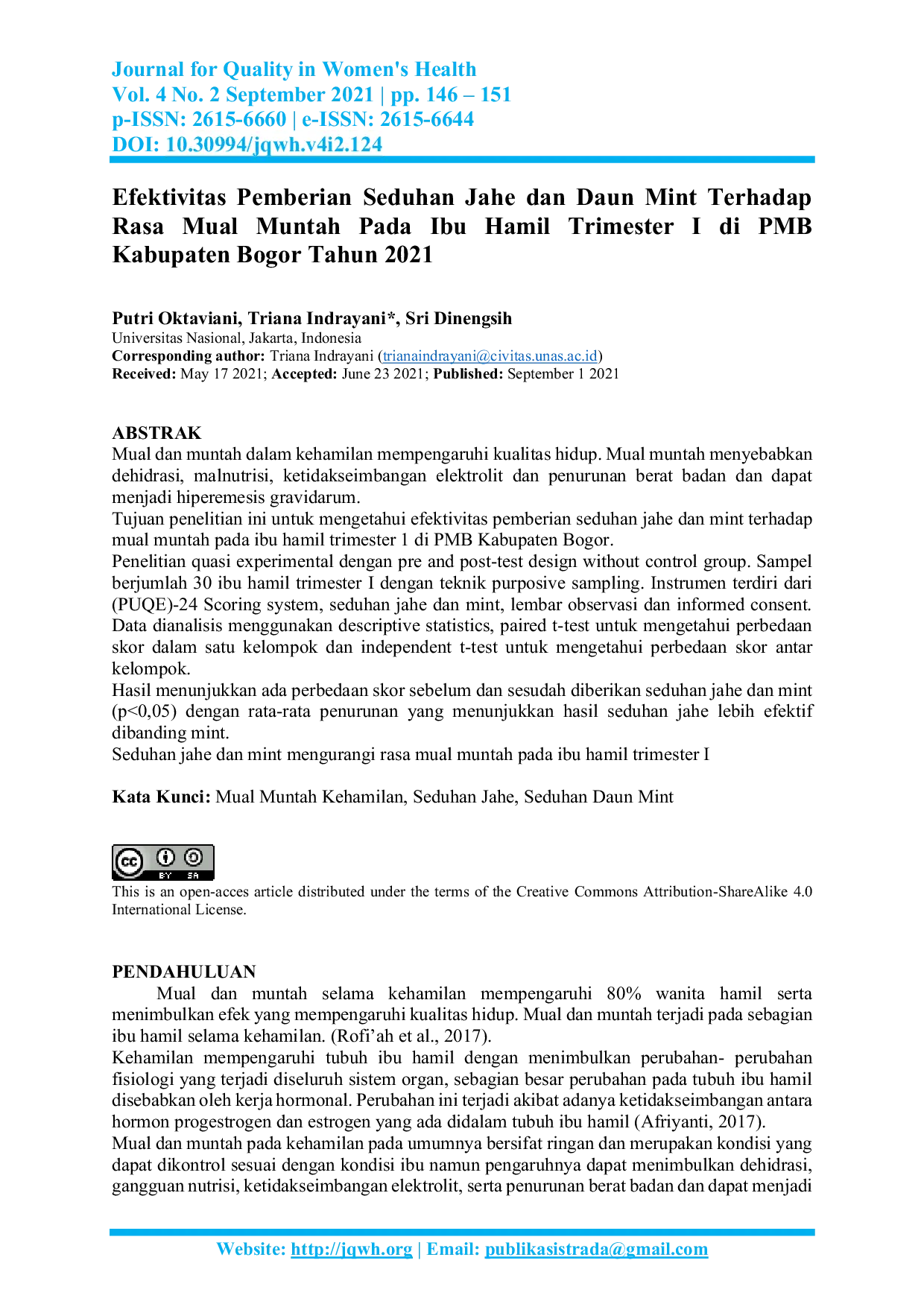 JURIS Efektivitas Pemberian Seduhan Jahe dan Daun Mint Terhadap Rasa Mual Muntah Pada Ibu Hamil Trimester I di PMB Kabupaten Bogor Tahun 2021