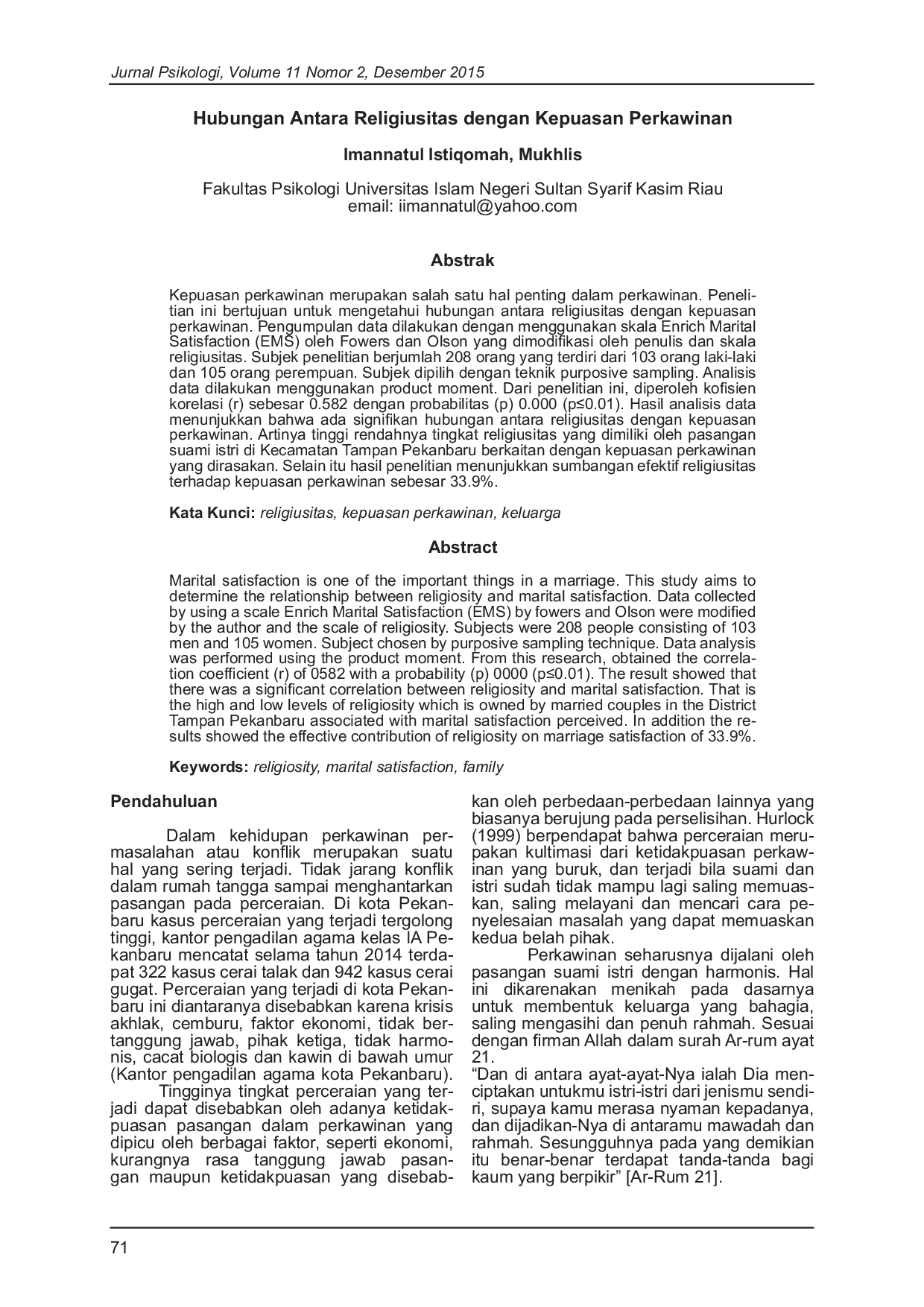JURIS Hubungan Antara Religiusitas dengan Kepuasan Perkawinan