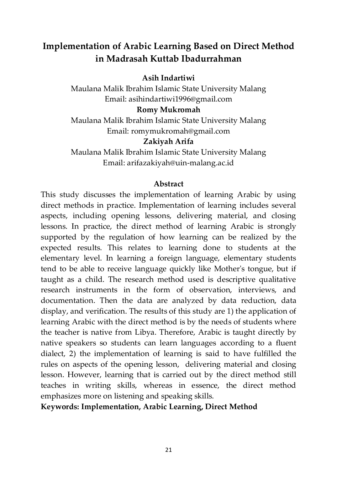 JURIS Implementation of Arabic Learning Based on Direct Method in Madrasah Kuttab Ibadurrahman