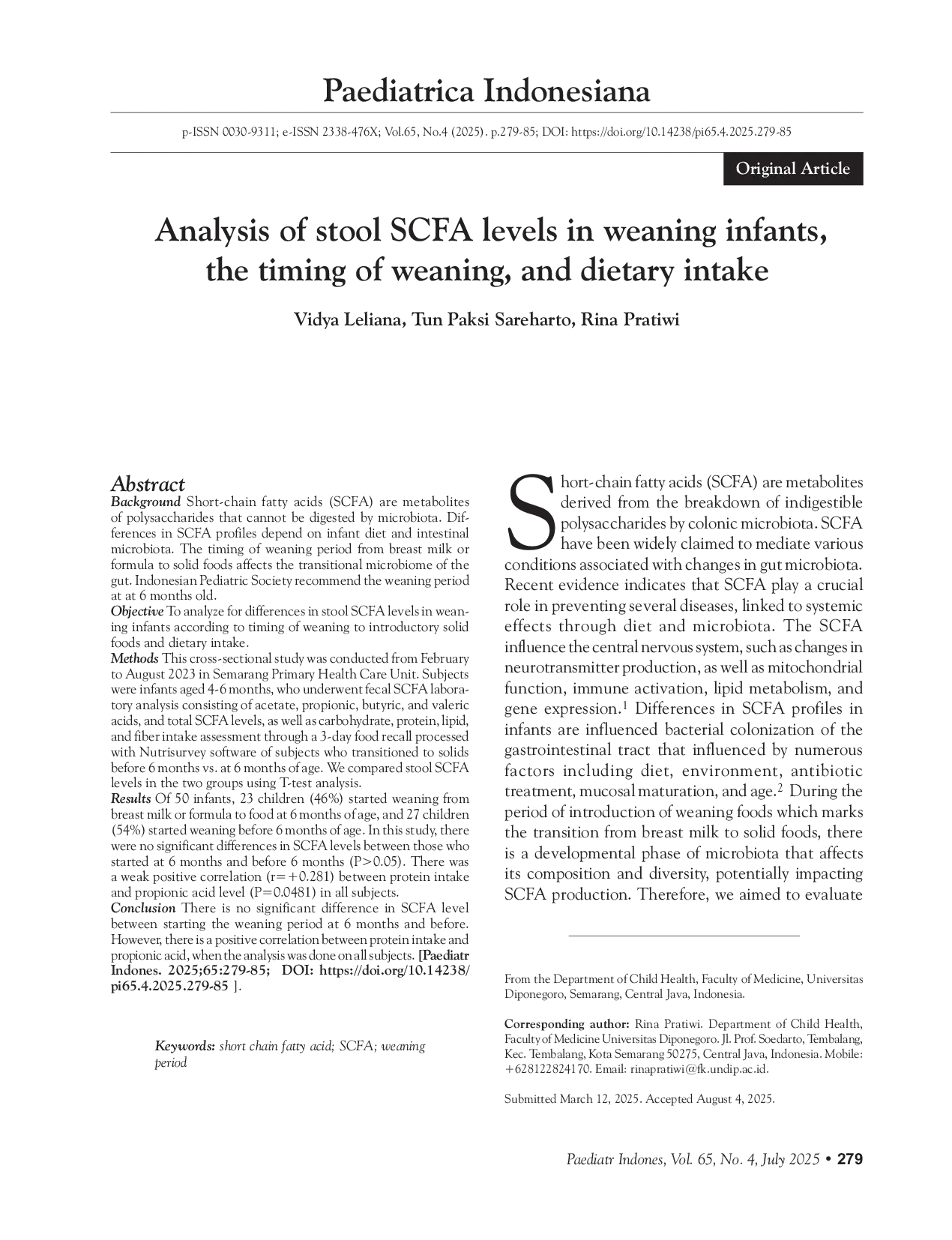 JURIS Analysis of stool SCFA levels in weaning infants the timing of weaning and dietary intake