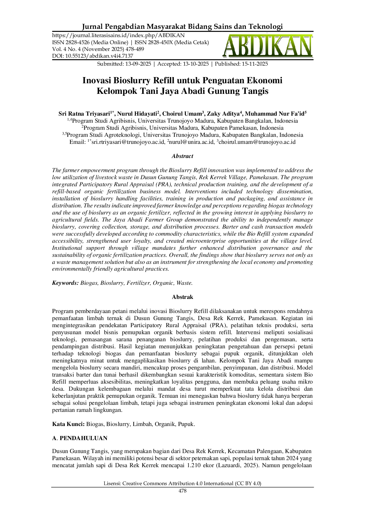 JURIS Inovasi Bioslurry Refill untuk Penguatan Ekonomi Kelompok Tani Jaya Abadi Gunung Tangis