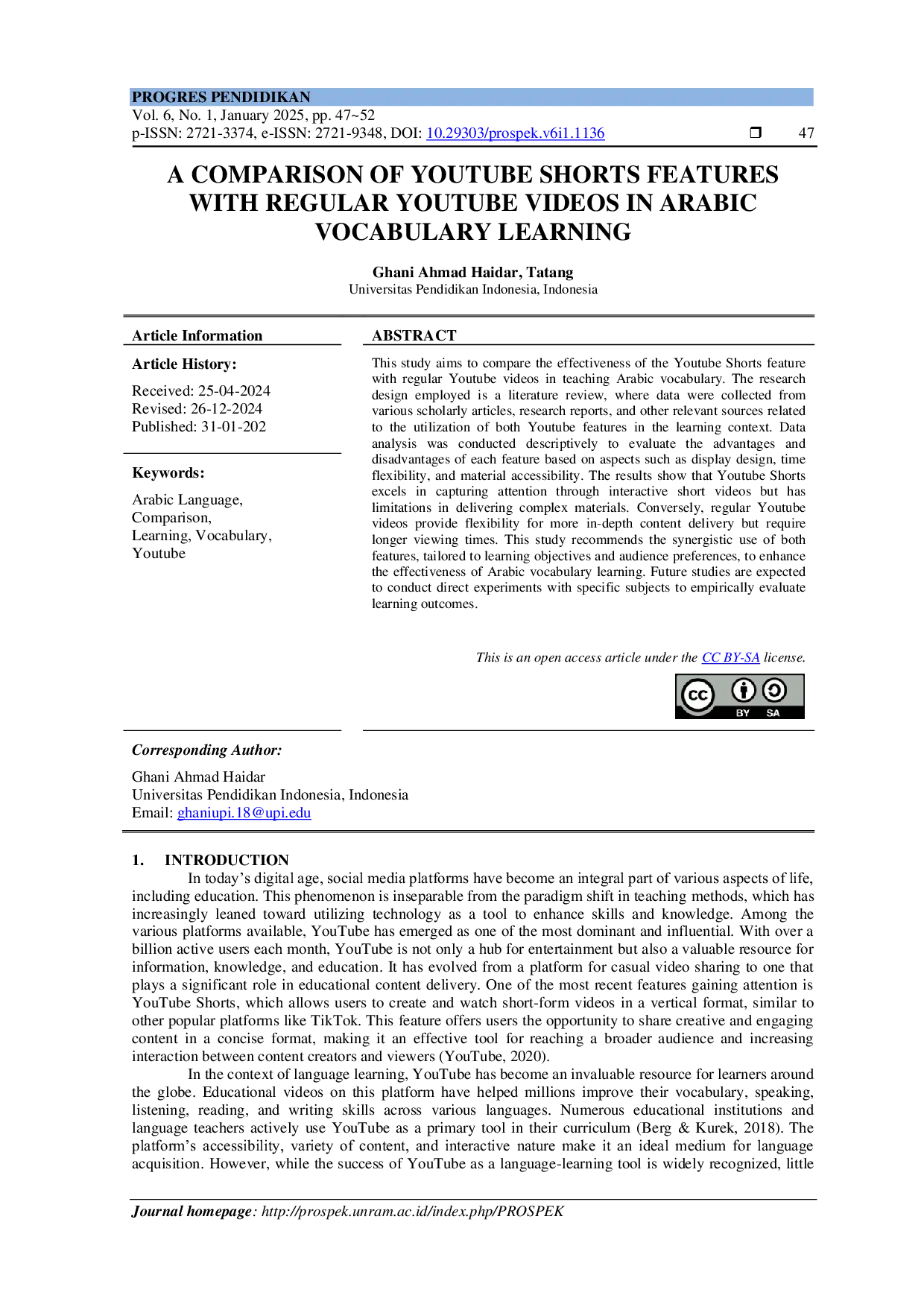 JURIS A Comparison Of YouTube Shorts Features With Regular YouTube Videos In Arabic Vocabulary Learning