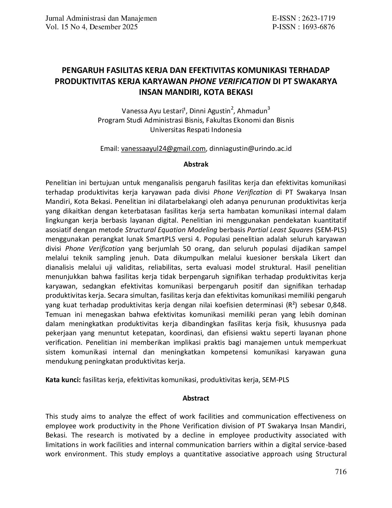 JURIS Pengaruh Fasilitas Kerja dan Efektivitas Komunikasi Terhadap Produktivitas Kerja Karyawan Phone Verification di PT Swakarya Insan Mandiri Kota Bekasi