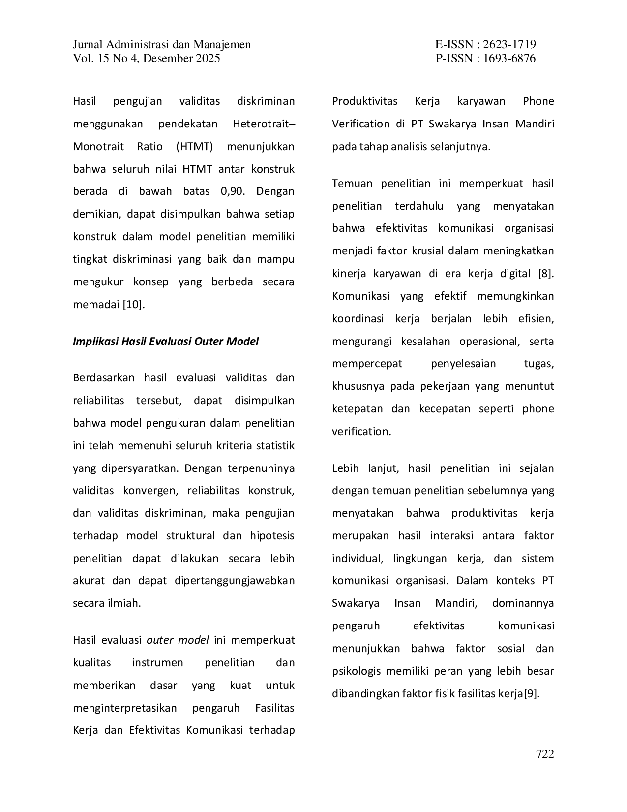 JURIS Pengaruh Fasilitas Kerja dan Efektivitas Komunikasi Terhadap Produktivitas Kerja Karyawan Phone Verification di PT Swakarya Insan Mandiri Kota Bekasi