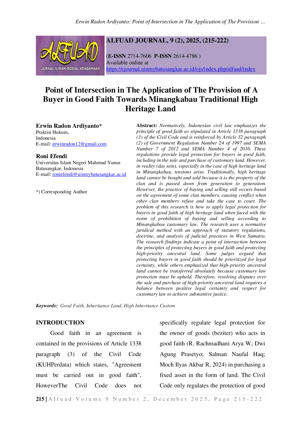 JURIS Point of Intersection In The Application of The Provision of A Buyer In Good Faith Towards Minangkabau Traditional High Heritage Land