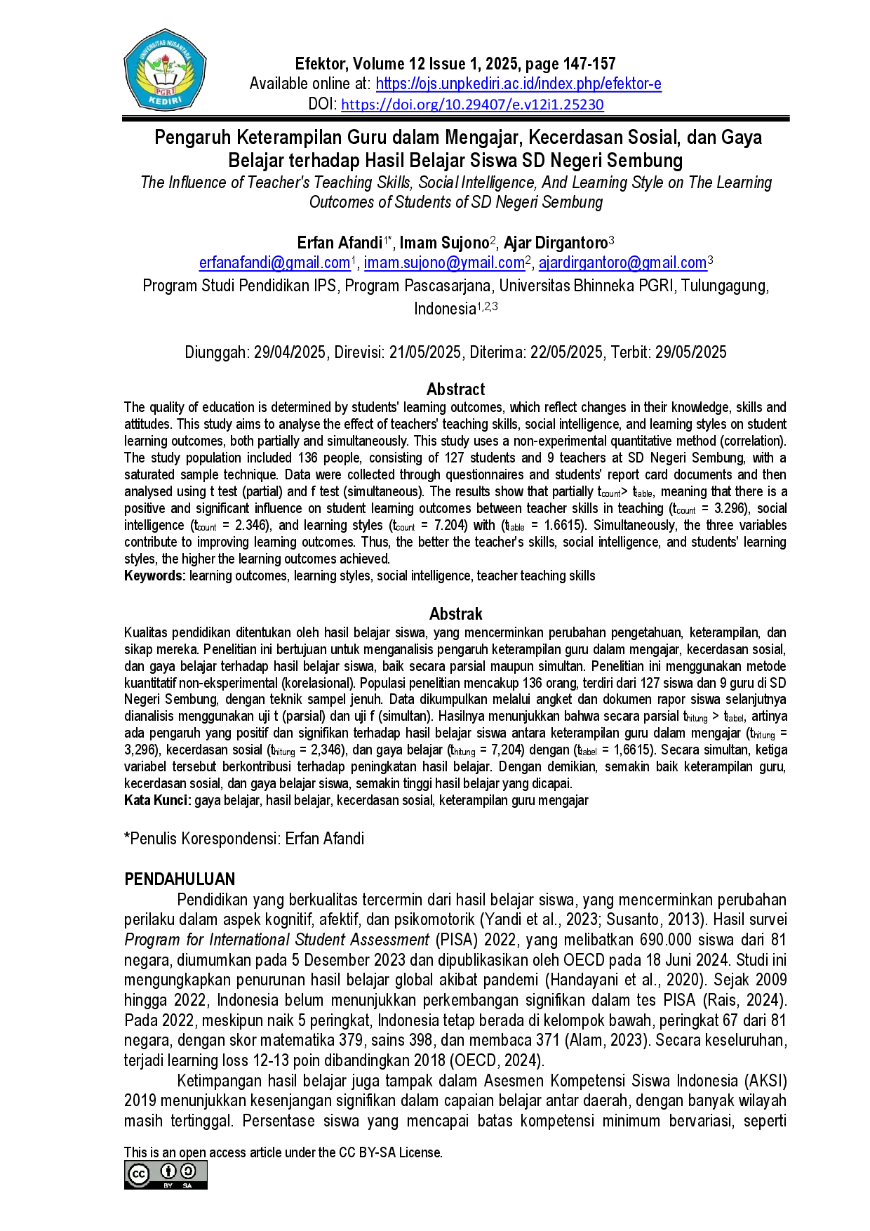 juris Pengaruh Keterampilan Guru dalam Mengajar Kecerdasan Sosial dan Gaya Belajar terhadap Hasil Belajar Siswa SD Negeri Sembung