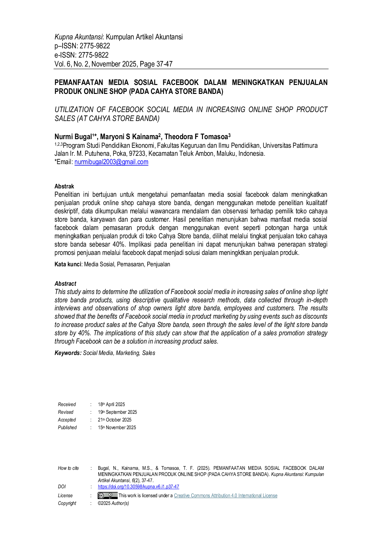 JURIS Pemanfaatan Media Sosial Facebook dalam Meningkatkan Penjualan Produk Online Shop Pada Cahaya Store Banda