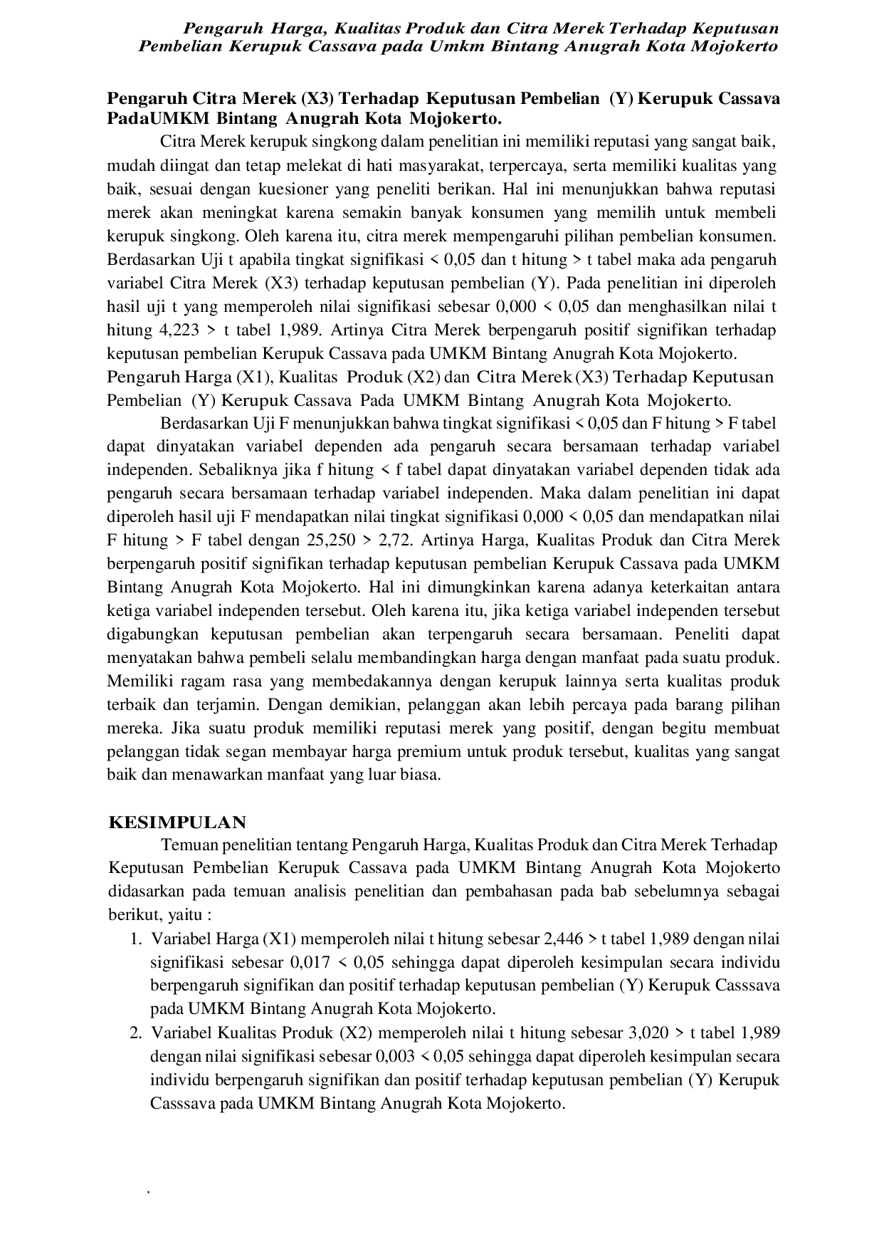 JURIS Pengaruh Harga Kualitas Produk dan Citra Merek Terhadap Keputusan Pembelian Kerupuk Cassava pada Umkm Bintang Anugrah Kota Mojokerto