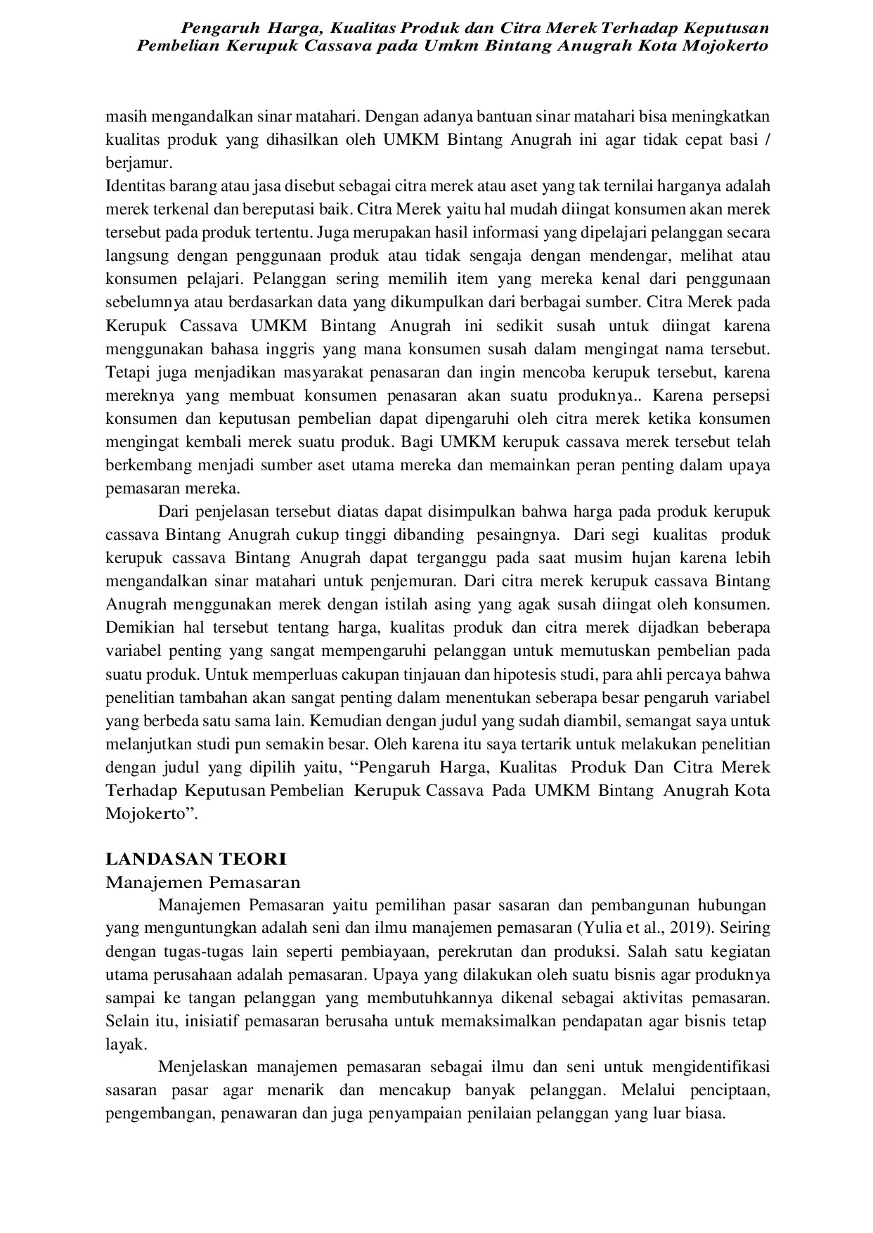 JURIS Pengaruh Harga Kualitas Produk dan Citra Merek Terhadap Keputusan Pembelian Kerupuk Cassava pada Umkm Bintang Anugrah Kota Mojokerto