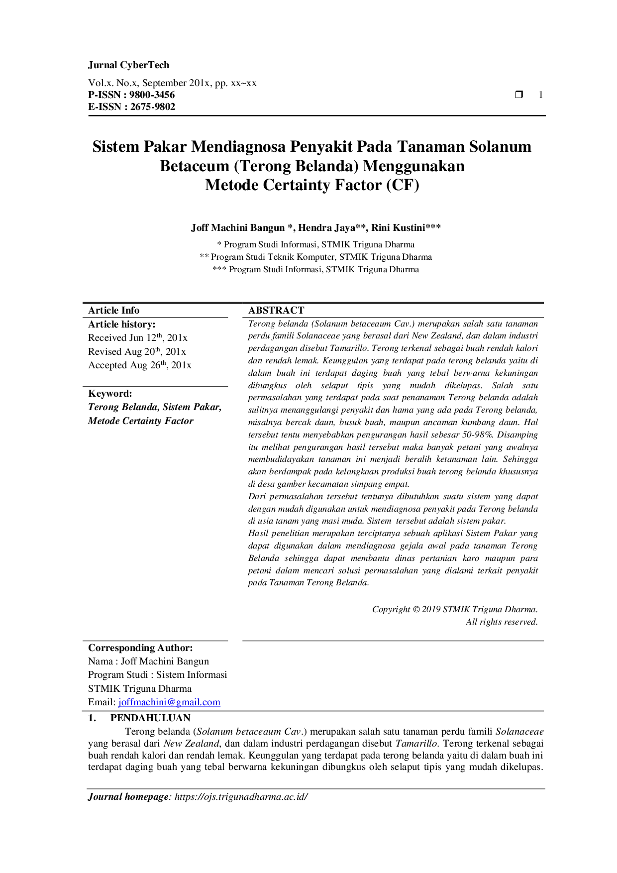 JURIS Sistem Pakar Mendiagnosa Penyakit Pada Tanaman Solanum Betaceum Terong Belanda Menggunakan Metode Certainty Factor CF