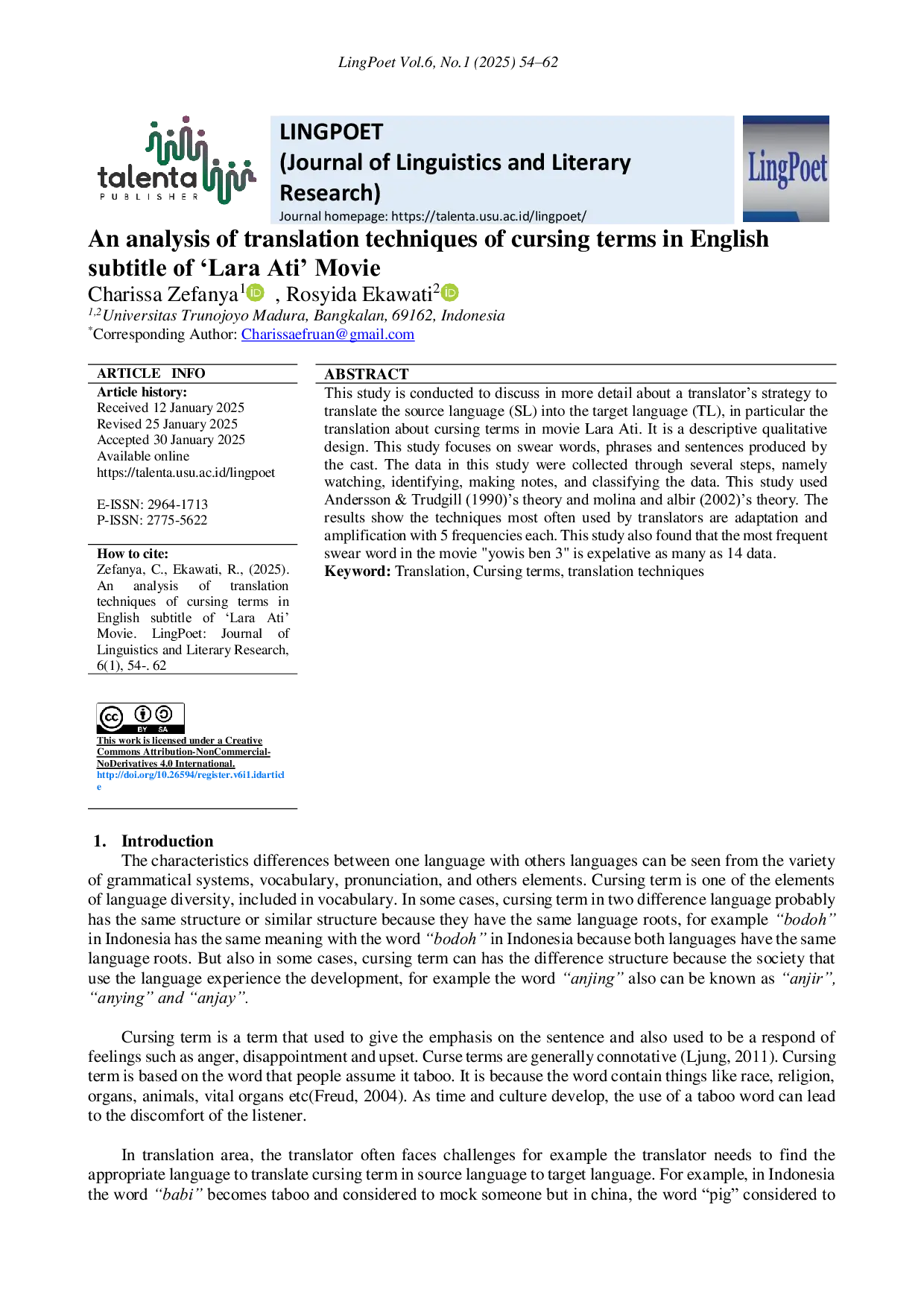 JURIS An Analysis of Translation Techniques of Cursing Terms in English Subtitle of Lara Ati Movie